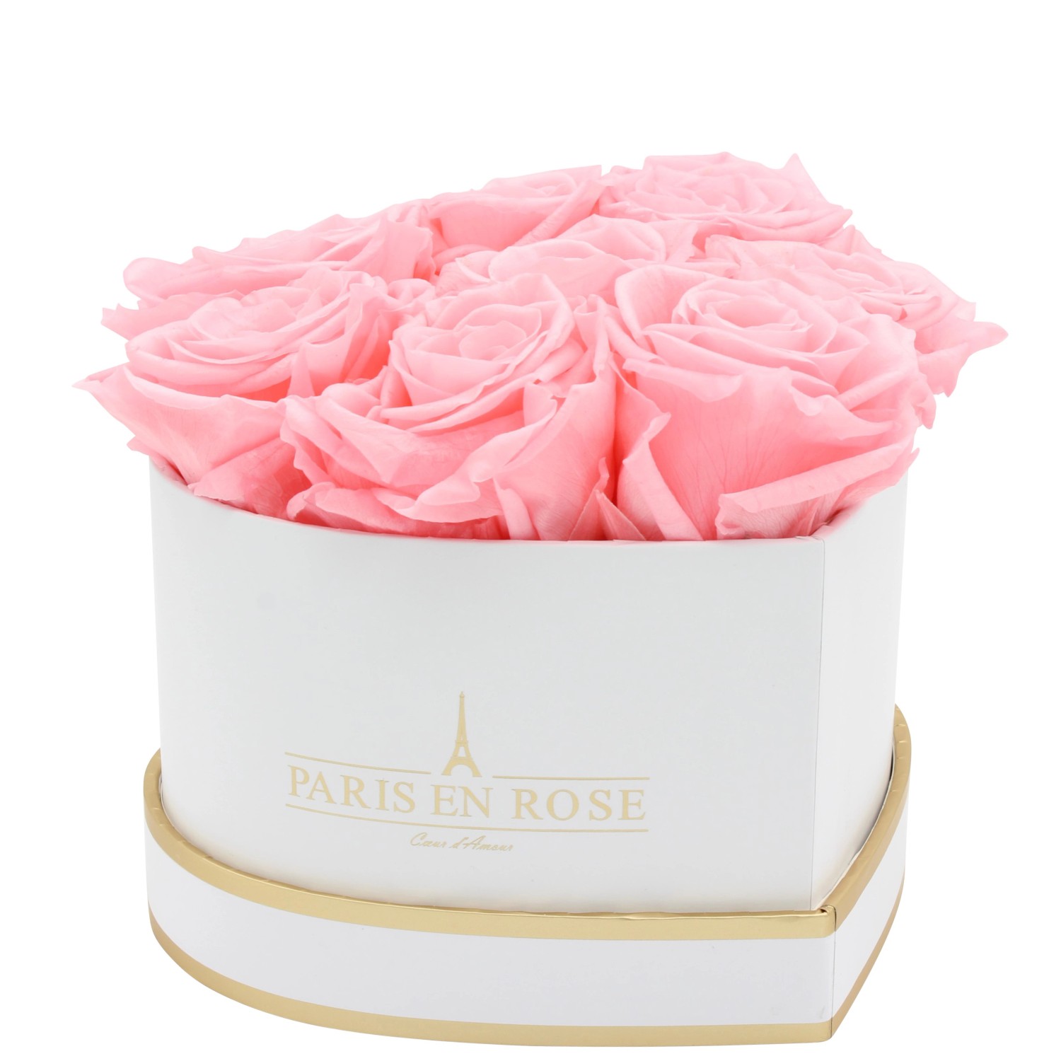 Rosenbox Herz Weiß-Gold mit 8 Rosa Rosen günstig online kaufen