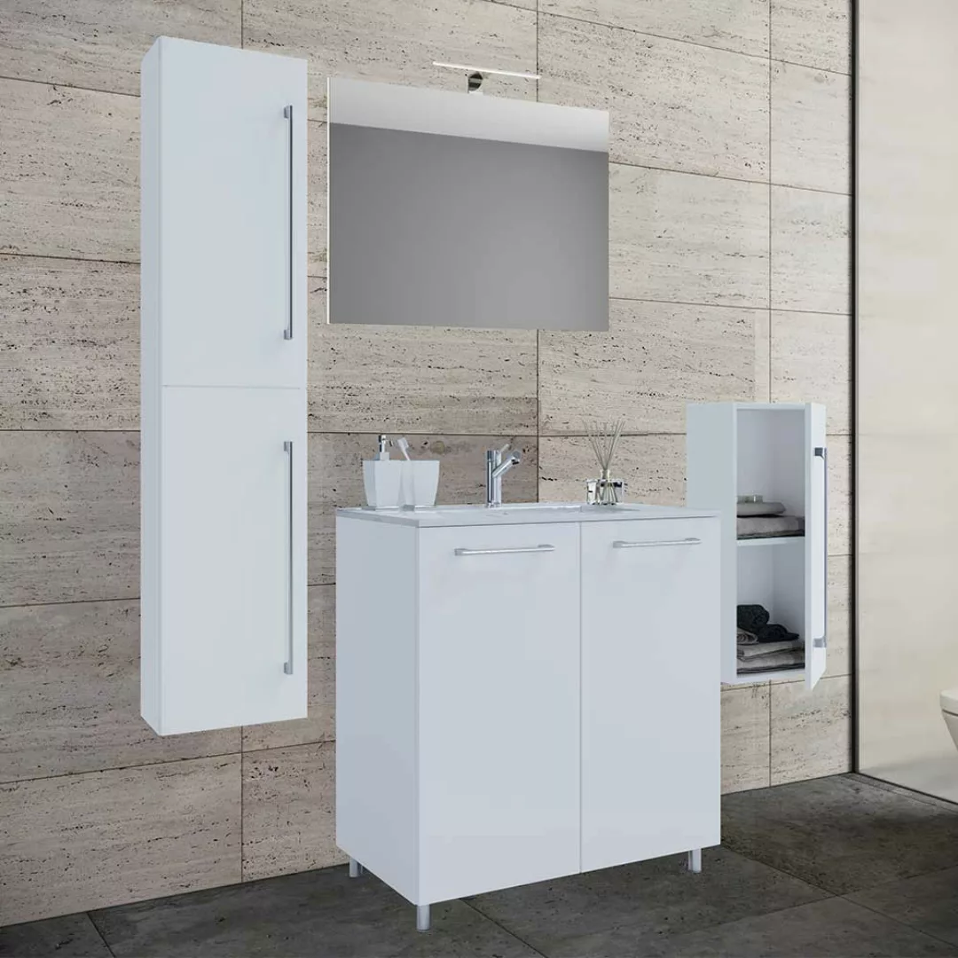 Badmöbel Set mit Spiegel und Becken in Weiß Hochglanz (vierteilig) günstig online kaufen