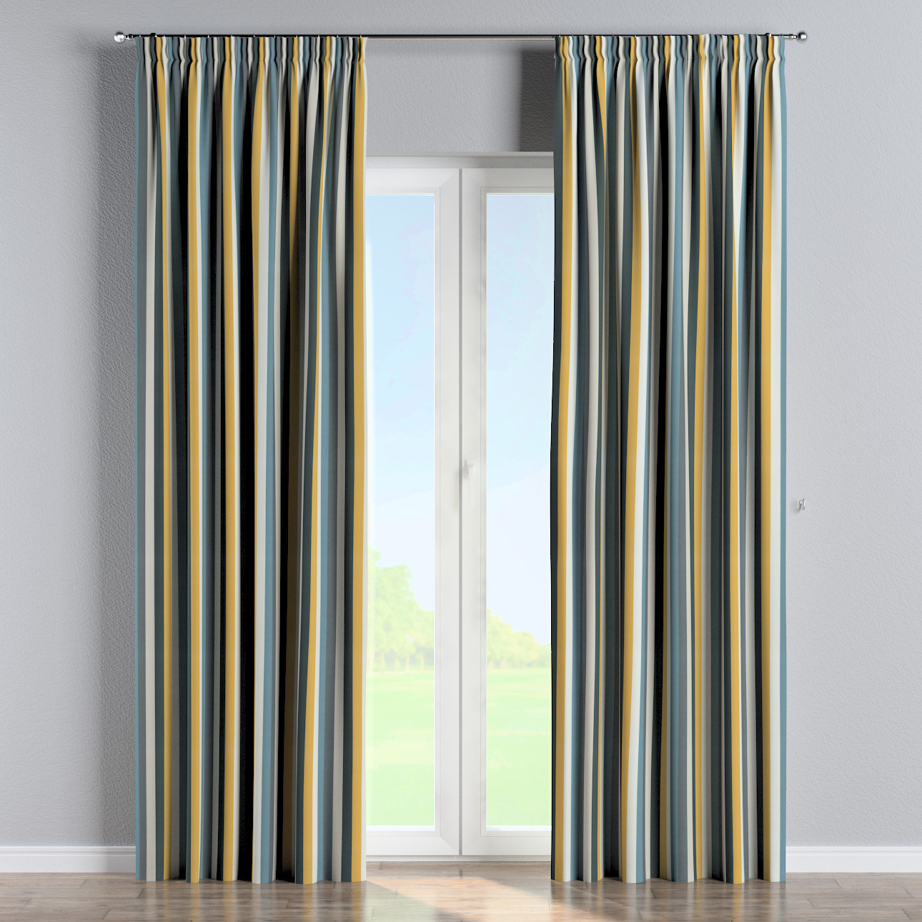 Vorhang mit Kräuselband, blau-gelb-grau, Vintage 70's (143-59) günstig online kaufen