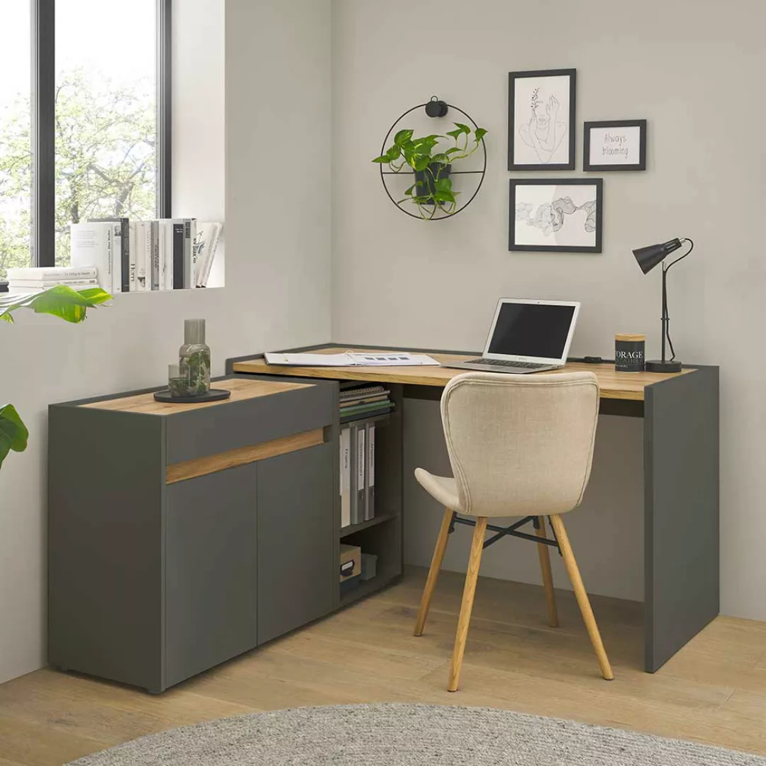 Schreibtisch mit Schränken in Anthrazit Wildeichefarben (dreiteilig) günstig online kaufen