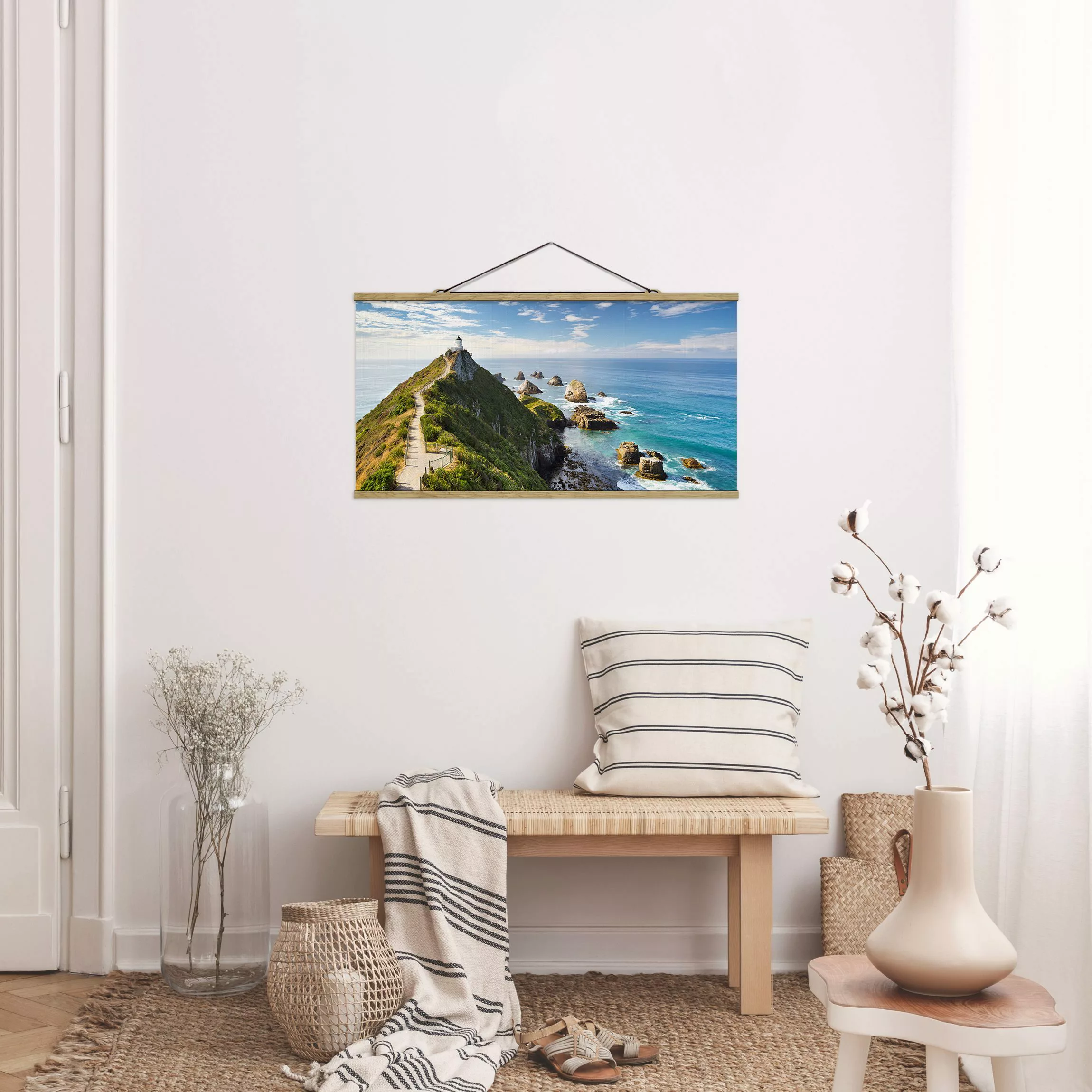 Stoffbild Strand mit Posterleisten - Querformat Nugget Point Leuchtturm und günstig online kaufen