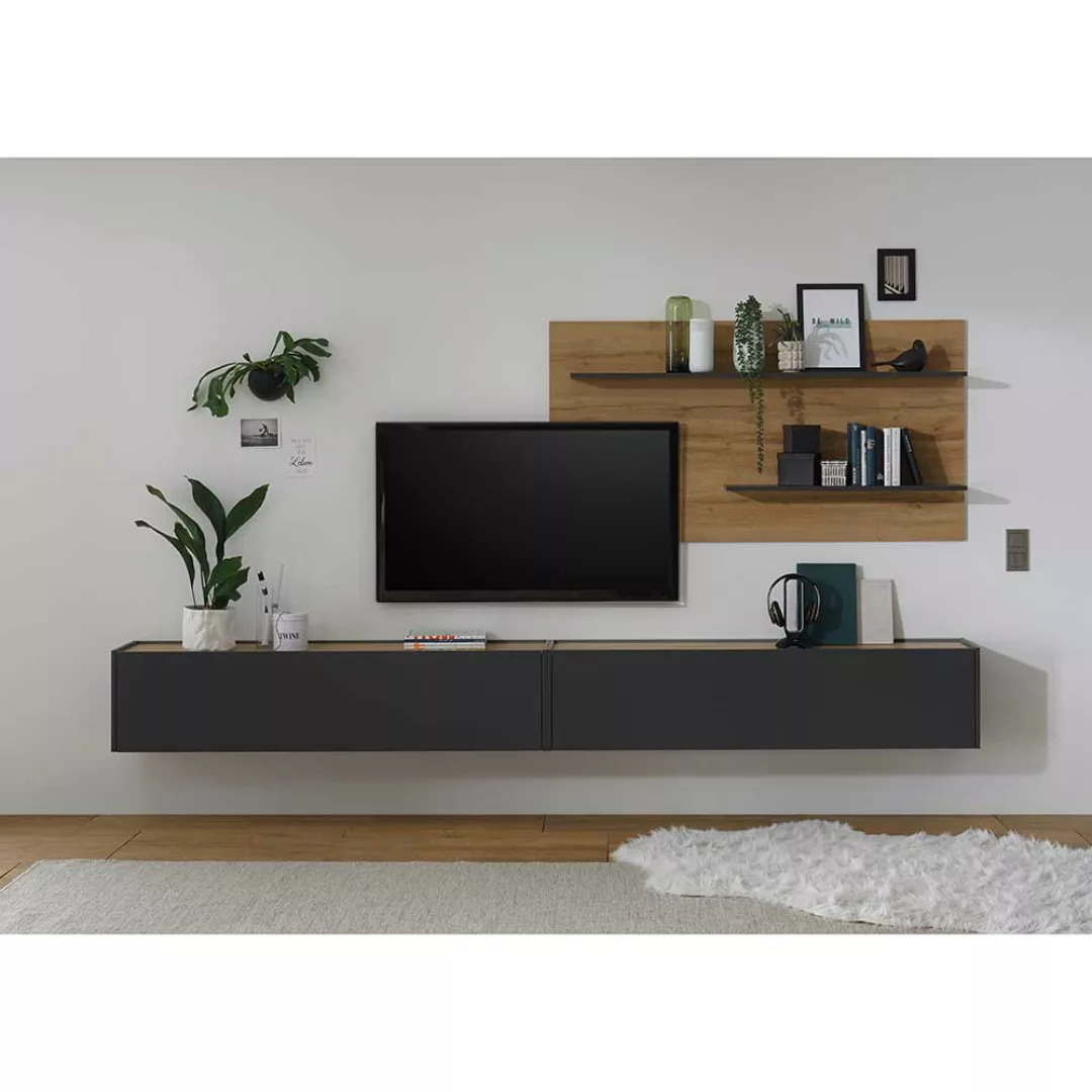 Wohnzimmer Anbauwand in Anthrazit und Wildeiche Optik 300 cm breit (dreitei günstig online kaufen