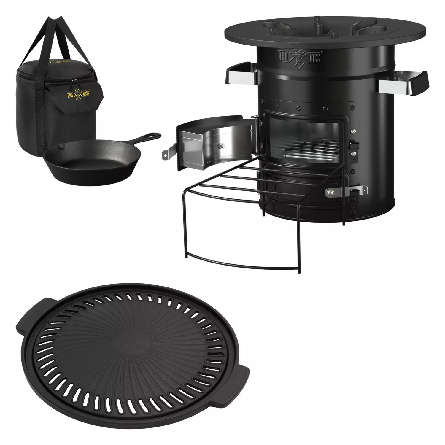 BbqBoss Raketenofen mit Grillpfanne Tragetasche Schwarz Gusseisen Grillplat günstig online kaufen