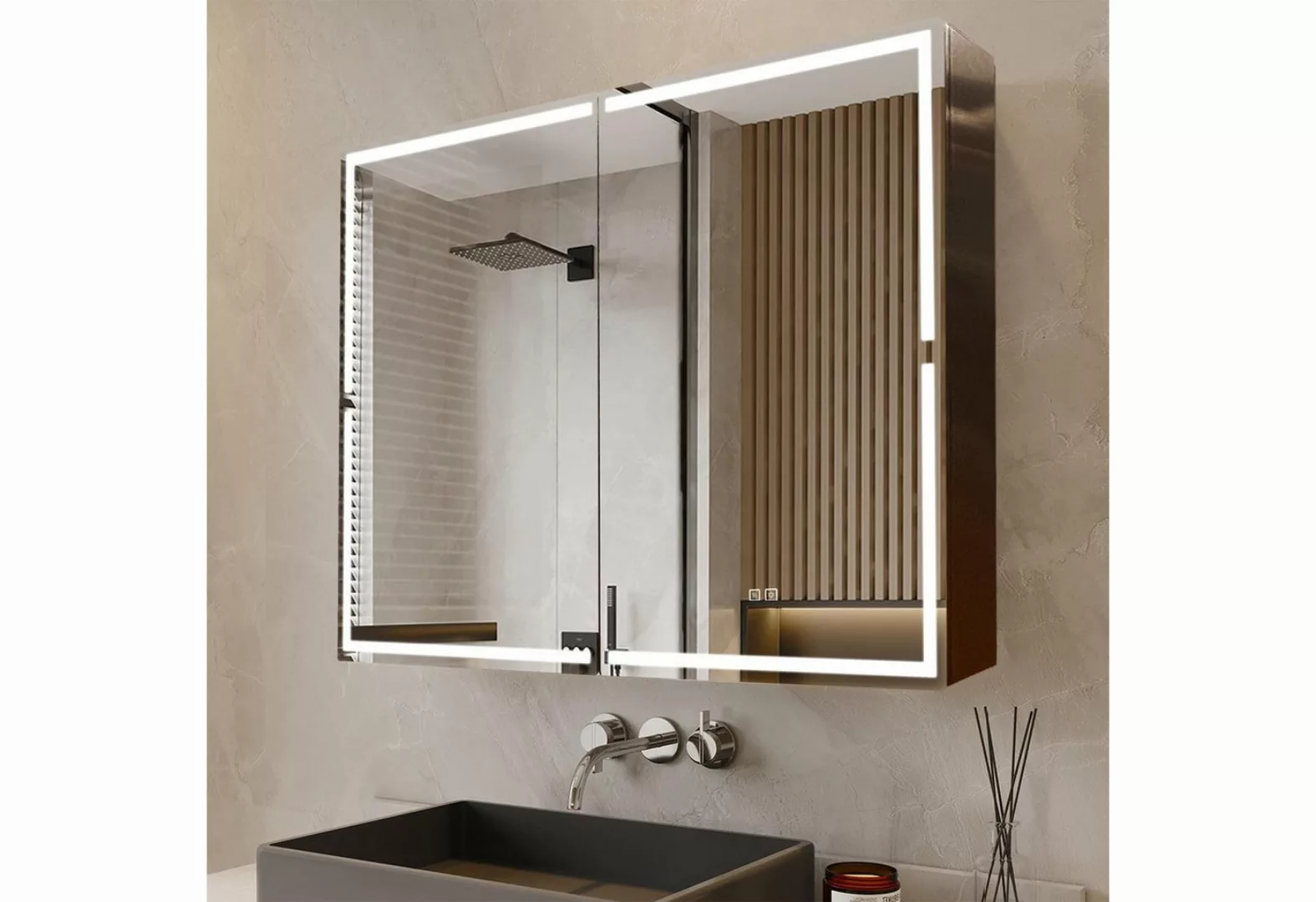 HT Badezimmerspiegelschrank (3-farbig dimmbar, Dehaze-Funktion, 100 x 70 x günstig online kaufen
