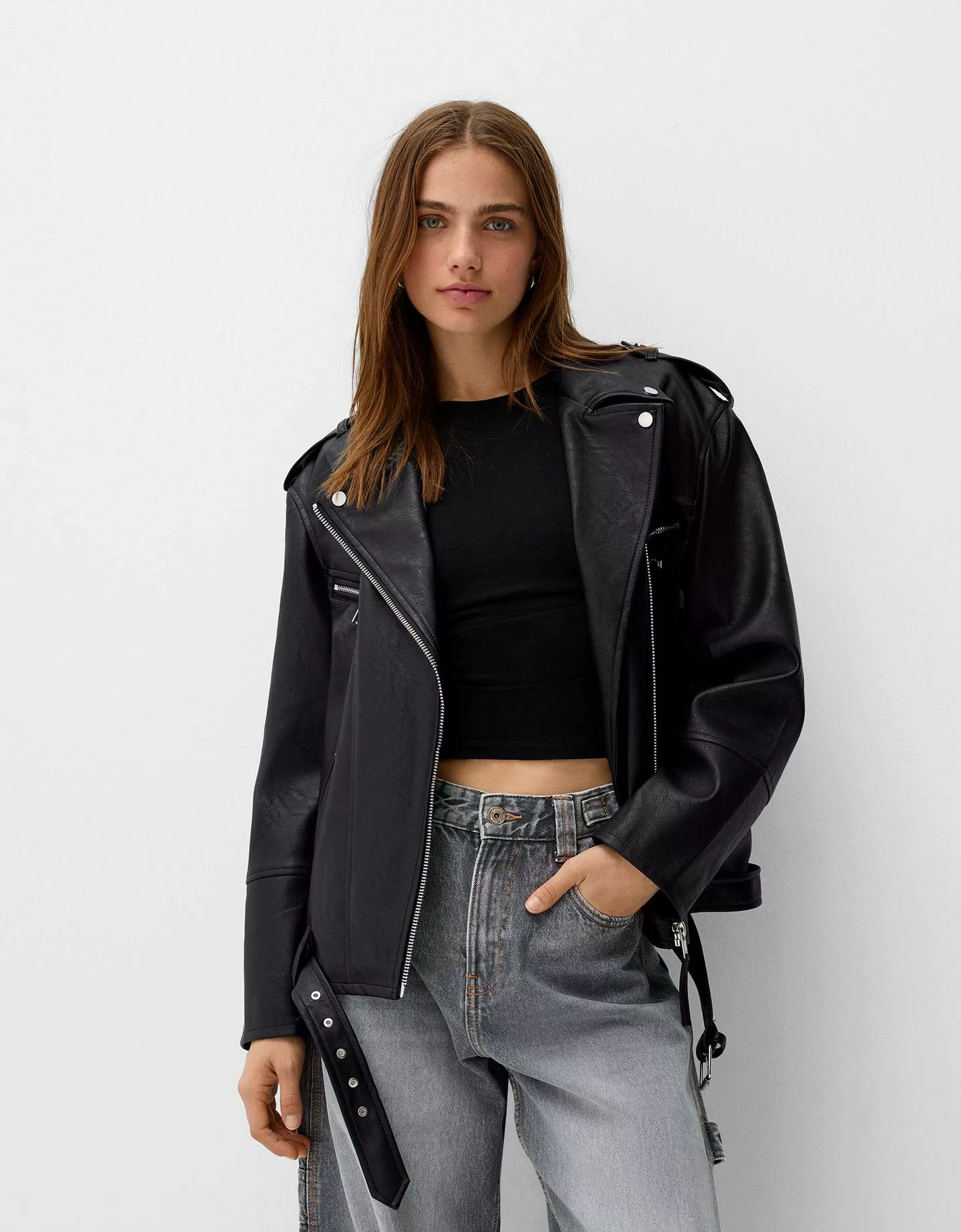 Bershka Oversize-Bikerjacke Aus Kunstleder Damen S Schwarz günstig online kaufen