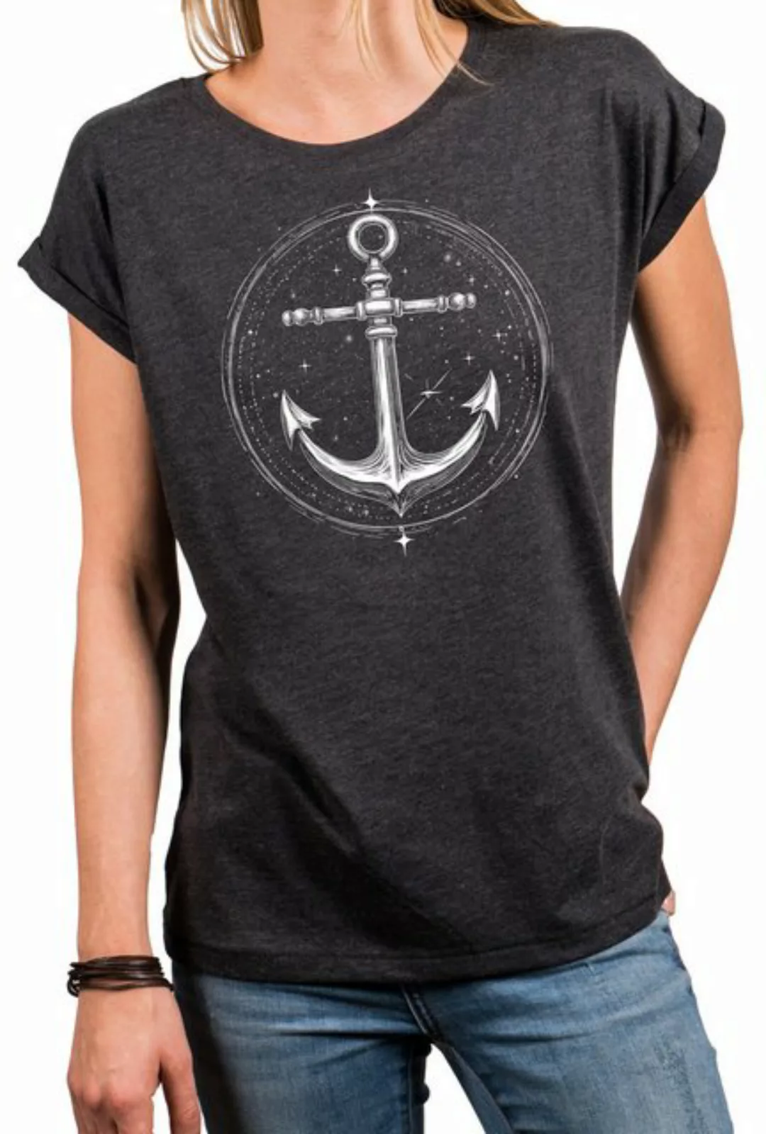 MAKAYA Kurzarmshirt mit Anker Damen Top Ankermotiv Tattoo Print Maritim Ele günstig online kaufen