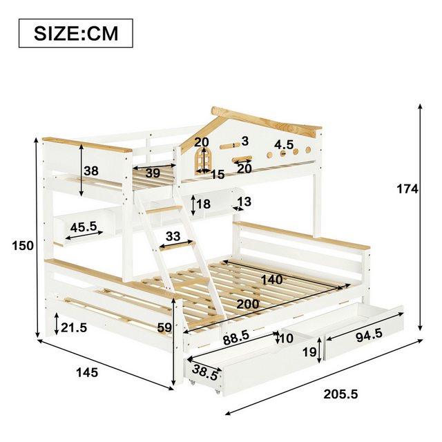 Flieks Etagenbett, Kinderbett 90x200cm+140x200cm mit 2 Schubladen und Staur günstig online kaufen