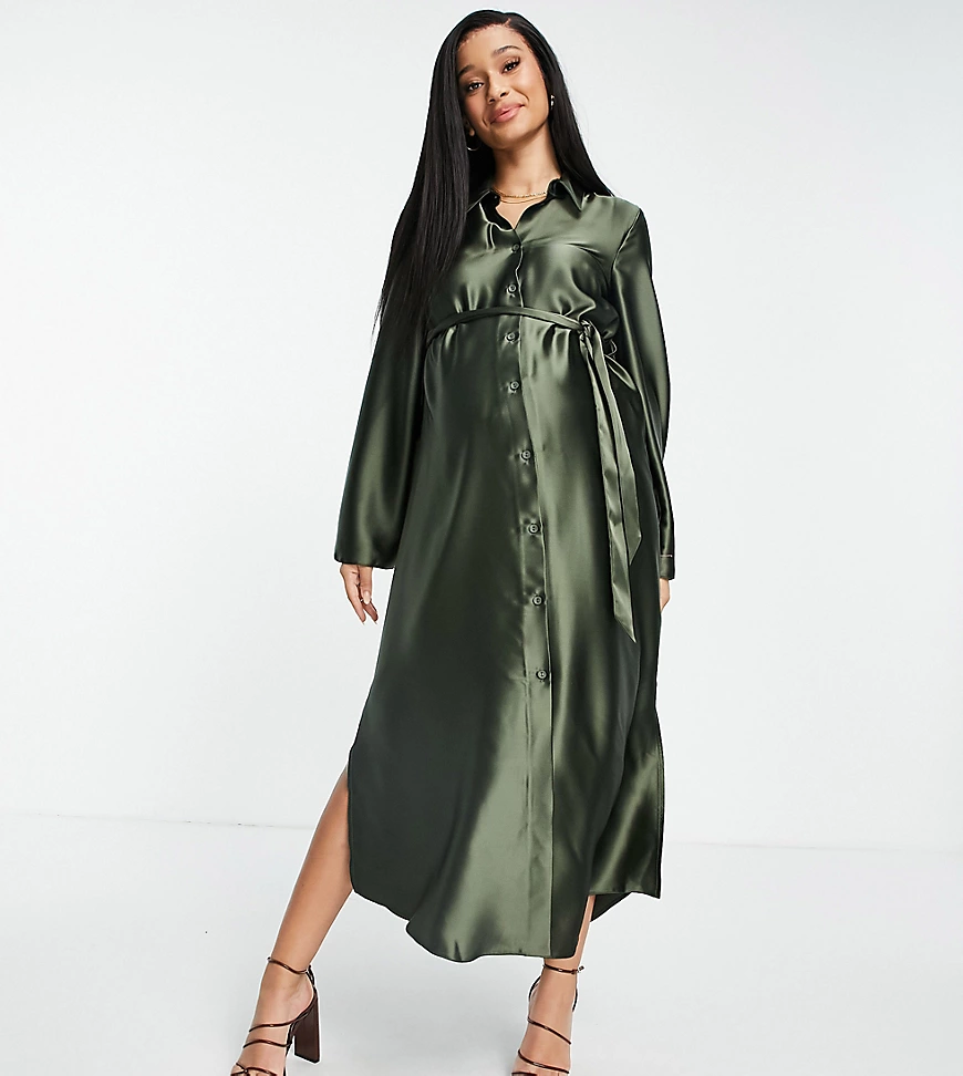 ASOS DESIGN Maternity – Midi-Hemdkleid aus Satin in Khaki mit weiten Ärmeln günstig online kaufen