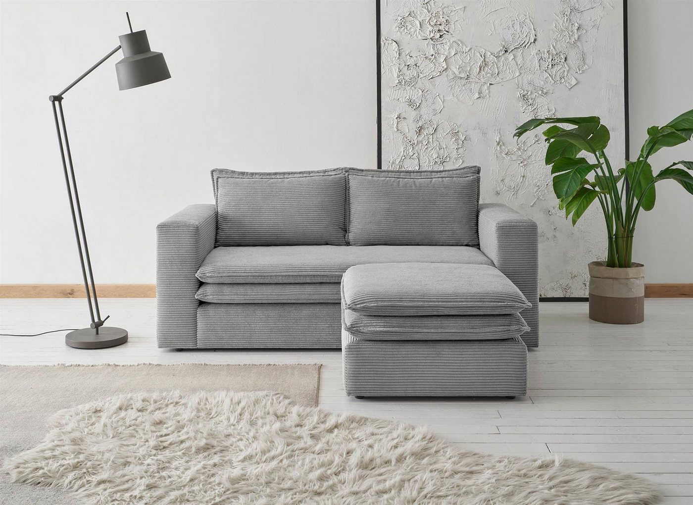 Design-Wohngalerie Sofa Couch 2 Sitzer + Hocker Set Piagge - Cordstoff Hell günstig online kaufen