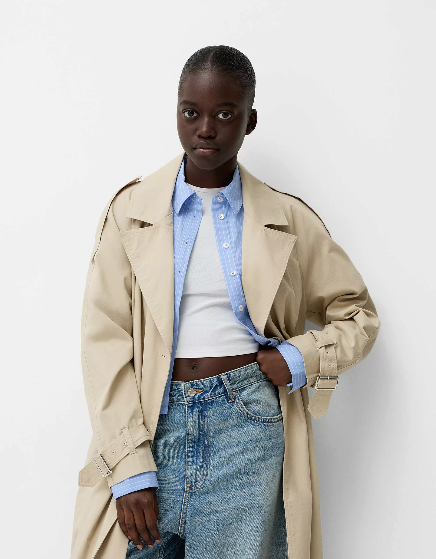 Bershka Trenchcoat Aus Baumwolle Damen M Sandfarbe günstig online kaufen