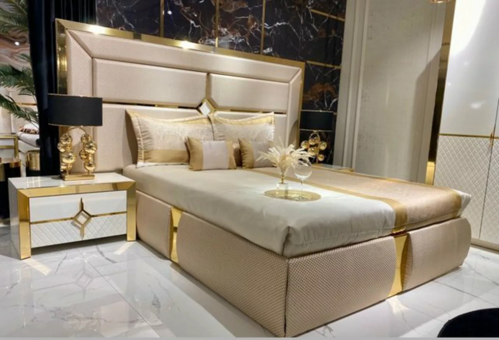 JVmoebel Bett Doppel Luxus Doppelbett Beige Modern Design Bett Gold Sofort günstig online kaufen