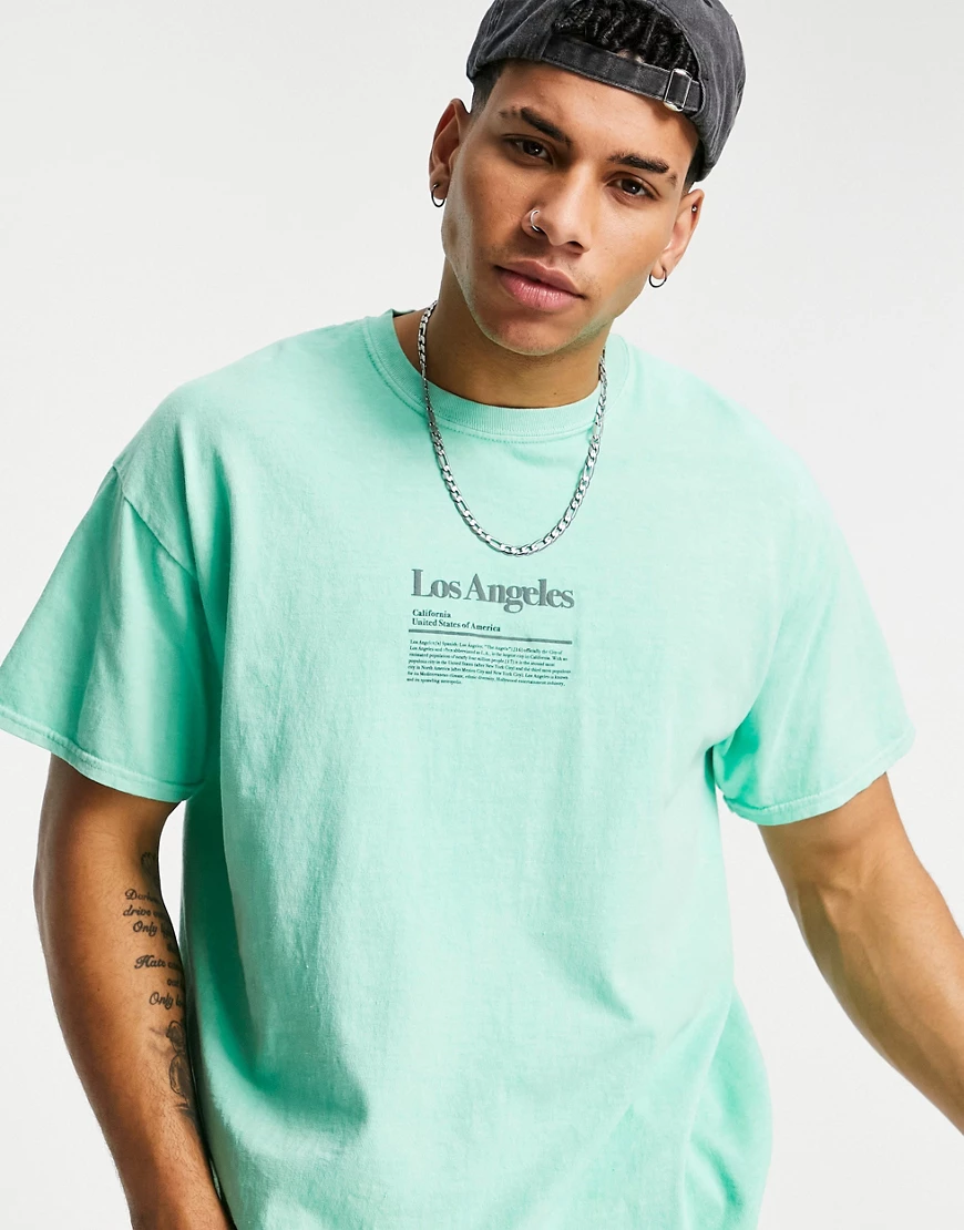 Topman – Oversize-T-Shirt mit „Los Angeles“-Print vorne im Salbeigrün-Schwa günstig online kaufen
