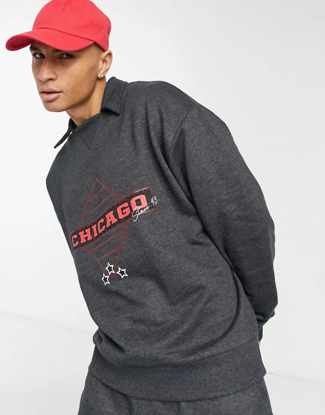 ASOS DESIGN – Oversized Sweatshirt in Dunkelgrau meliert mit Polokragen und günstig online kaufen