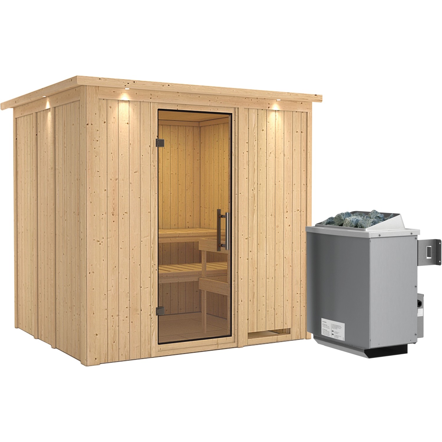 Karibu Sauna Stina, Ofen, integrierte Steuerung, Glastür, LED-Dachkranz günstig online kaufen