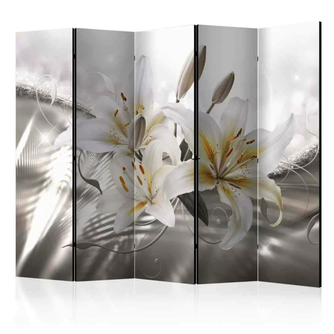 Leinwand Paravent mit Lilien Motiv Weiß und Grau günstig online kaufen
