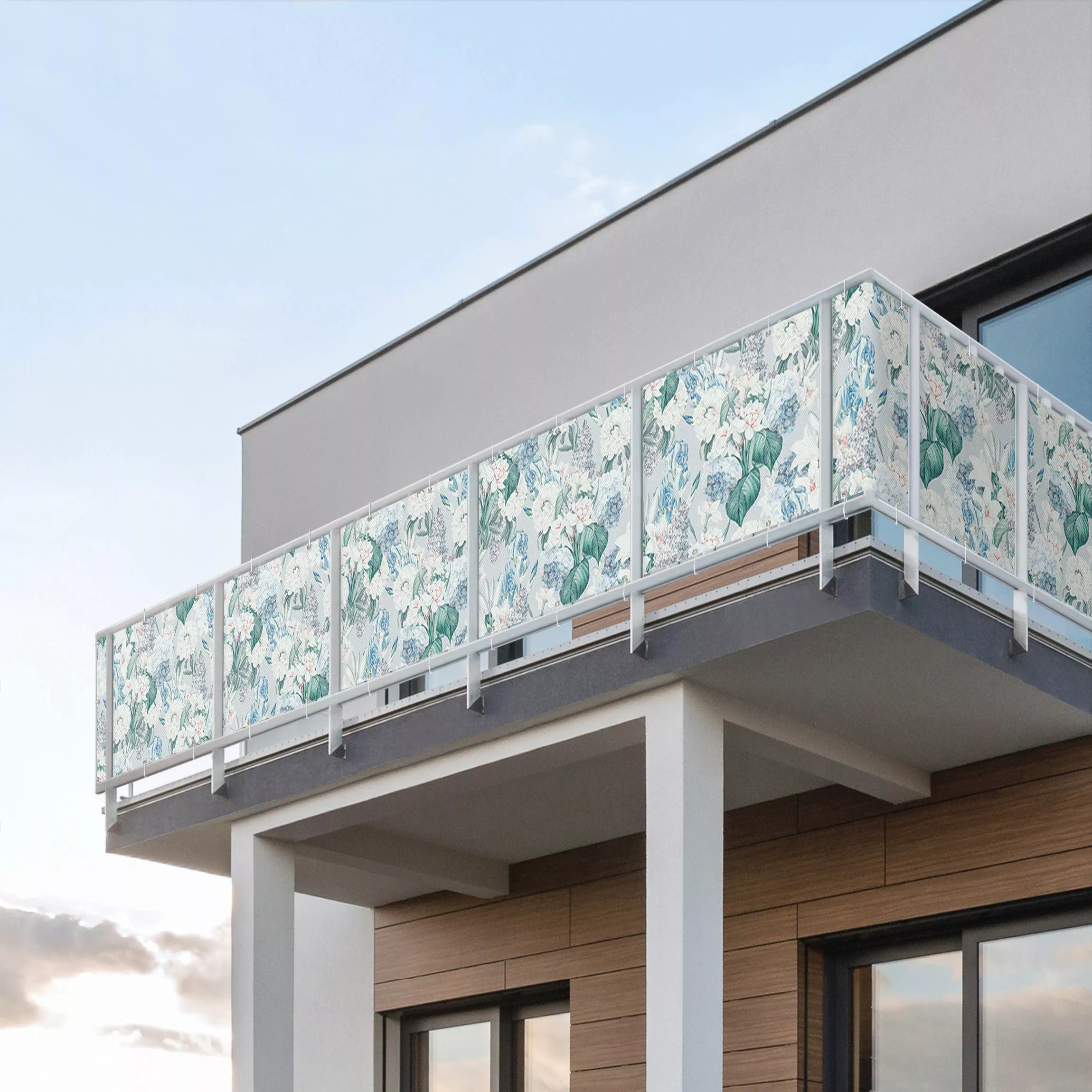 Balkon Sichtschutz Lilien und Hortensien auf Blau günstig online kaufen