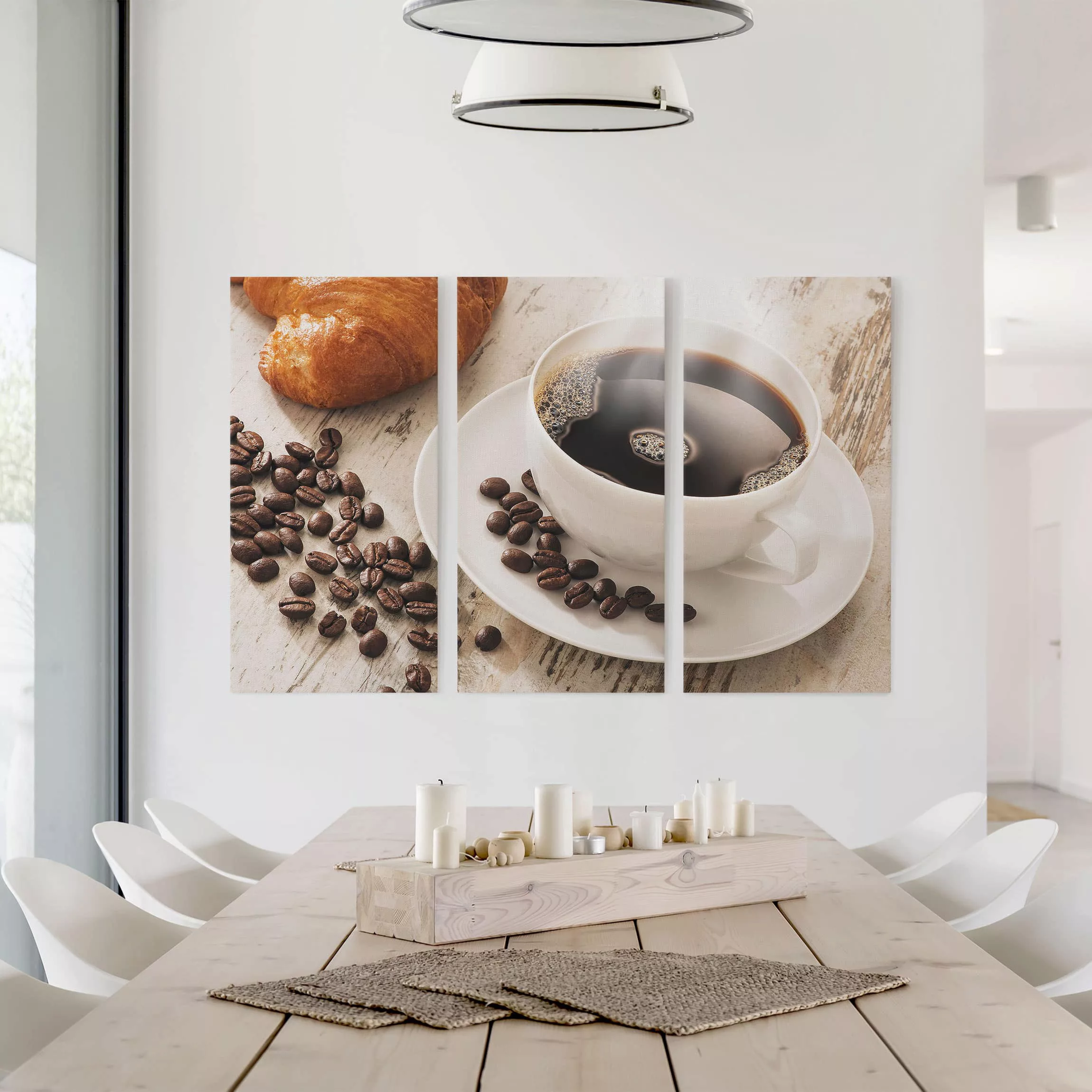 3-teiliges Leinwandbild Küche - Querformat Dampfende Kaffeetasse mit Kaffee günstig online kaufen