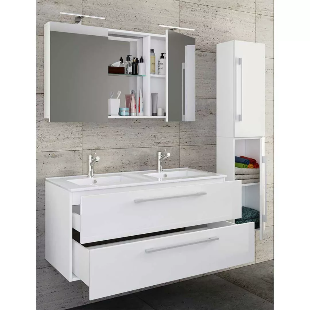 Badezimmermöbel weiss Hochglanz in modernem Design 145 cm breit (dreiteilig günstig online kaufen