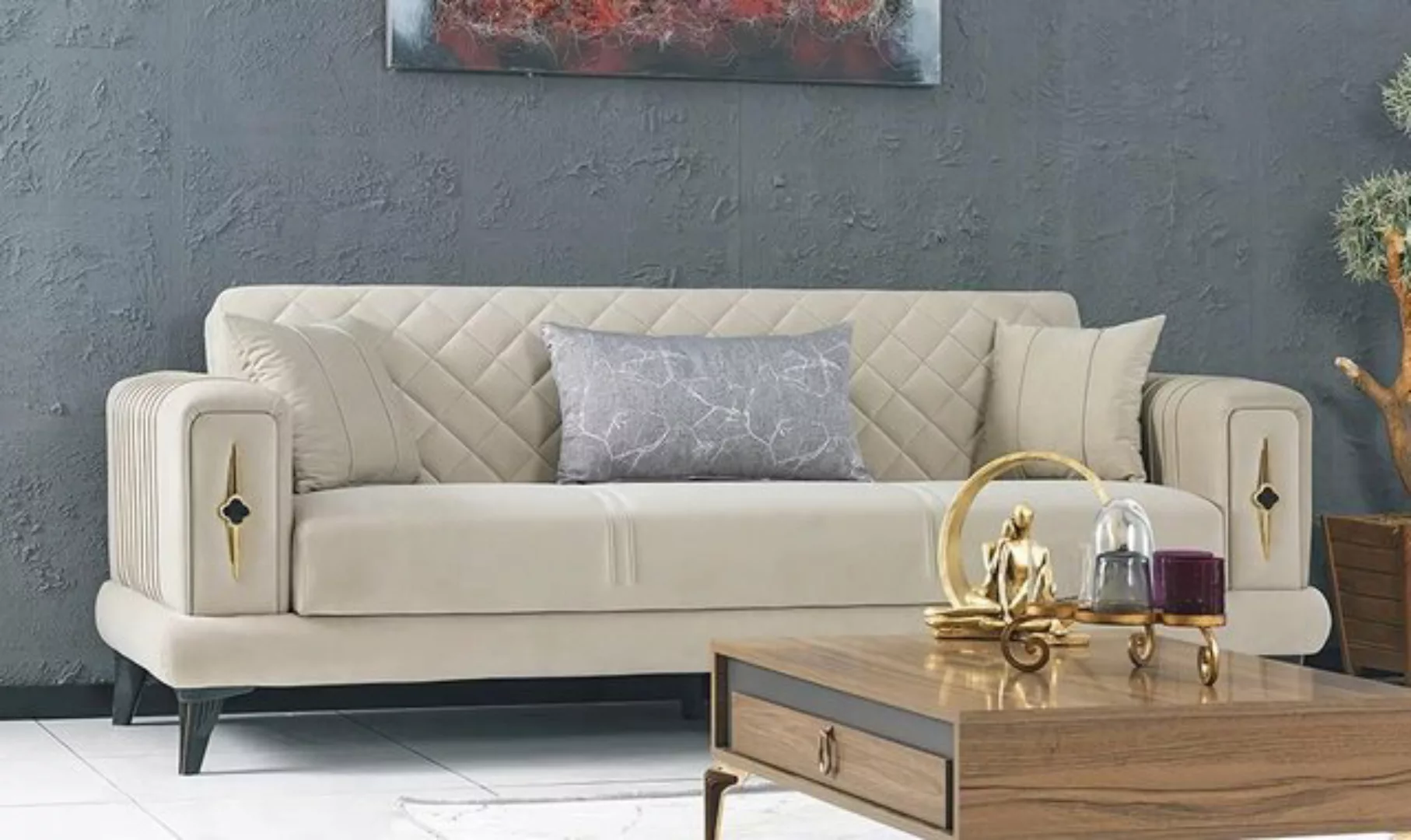 JVmoebel 3-Sitzer Wohnzimmer Beige Dreisitzer Sofa Couch Textil Polstermöbe günstig online kaufen