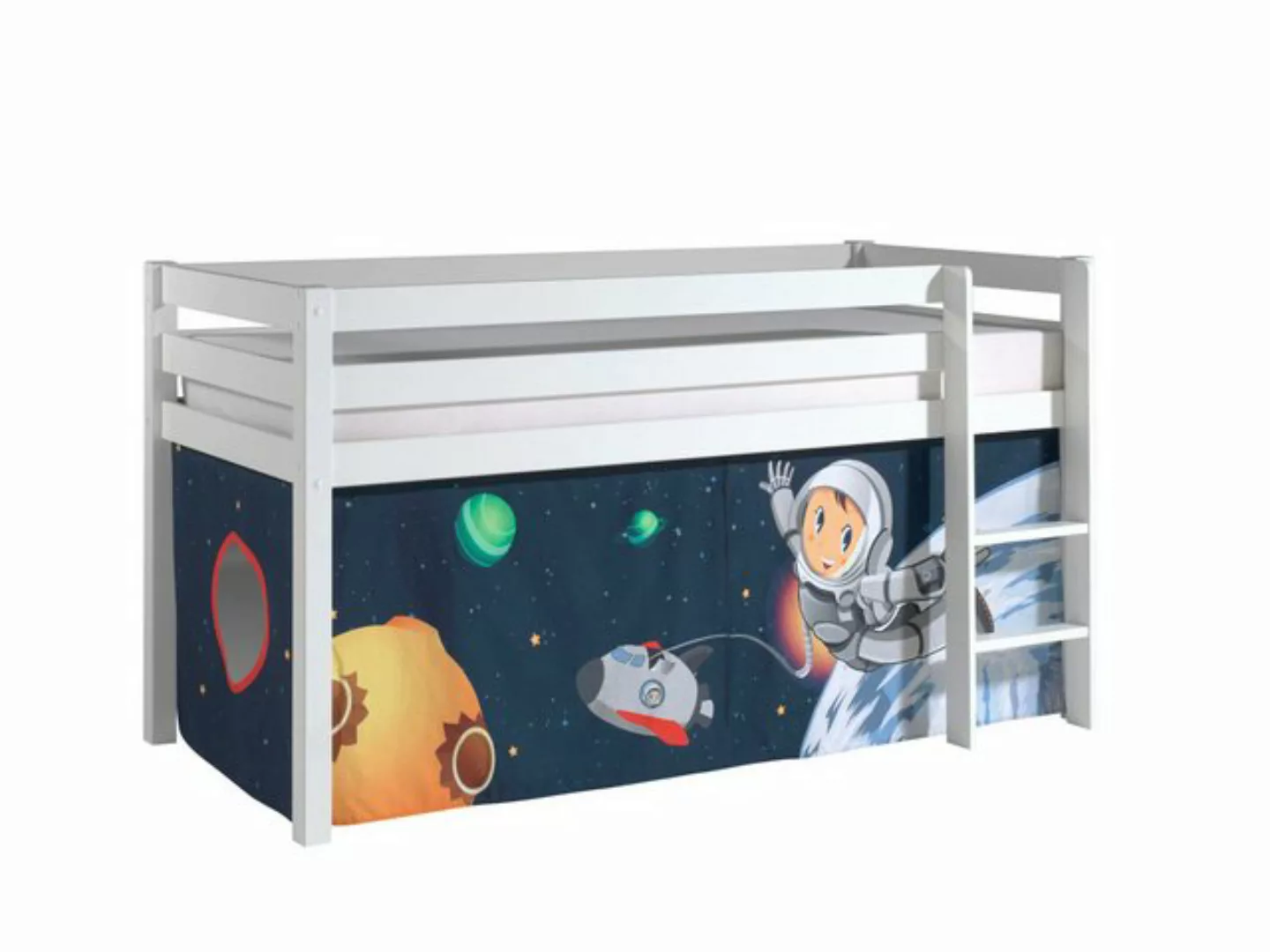 Lomadox Hochbett PINOO-12 Spaceman in Kiefer massiv weiß lackiert 210/114/1 günstig online kaufen