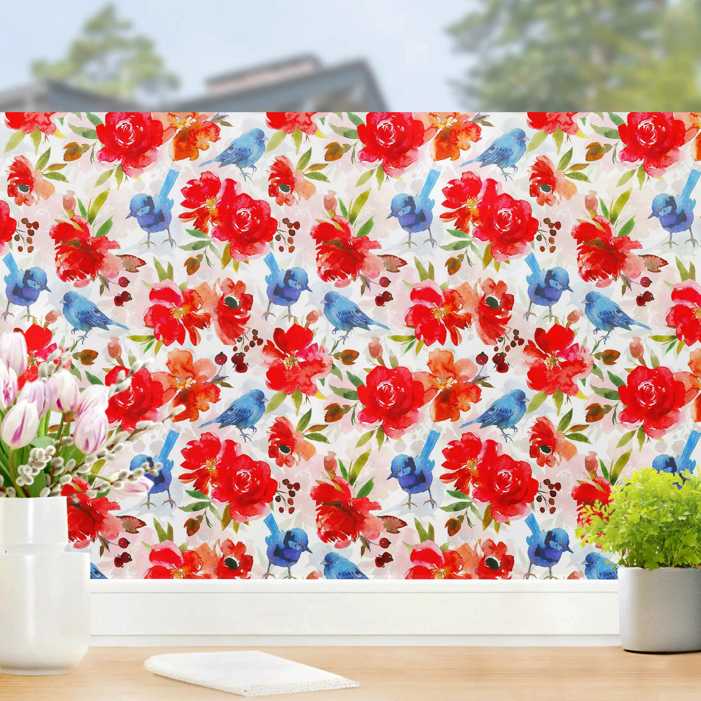 Fensterfolie Aquarellierte Vögel in Blau mit Rosen günstig online kaufen