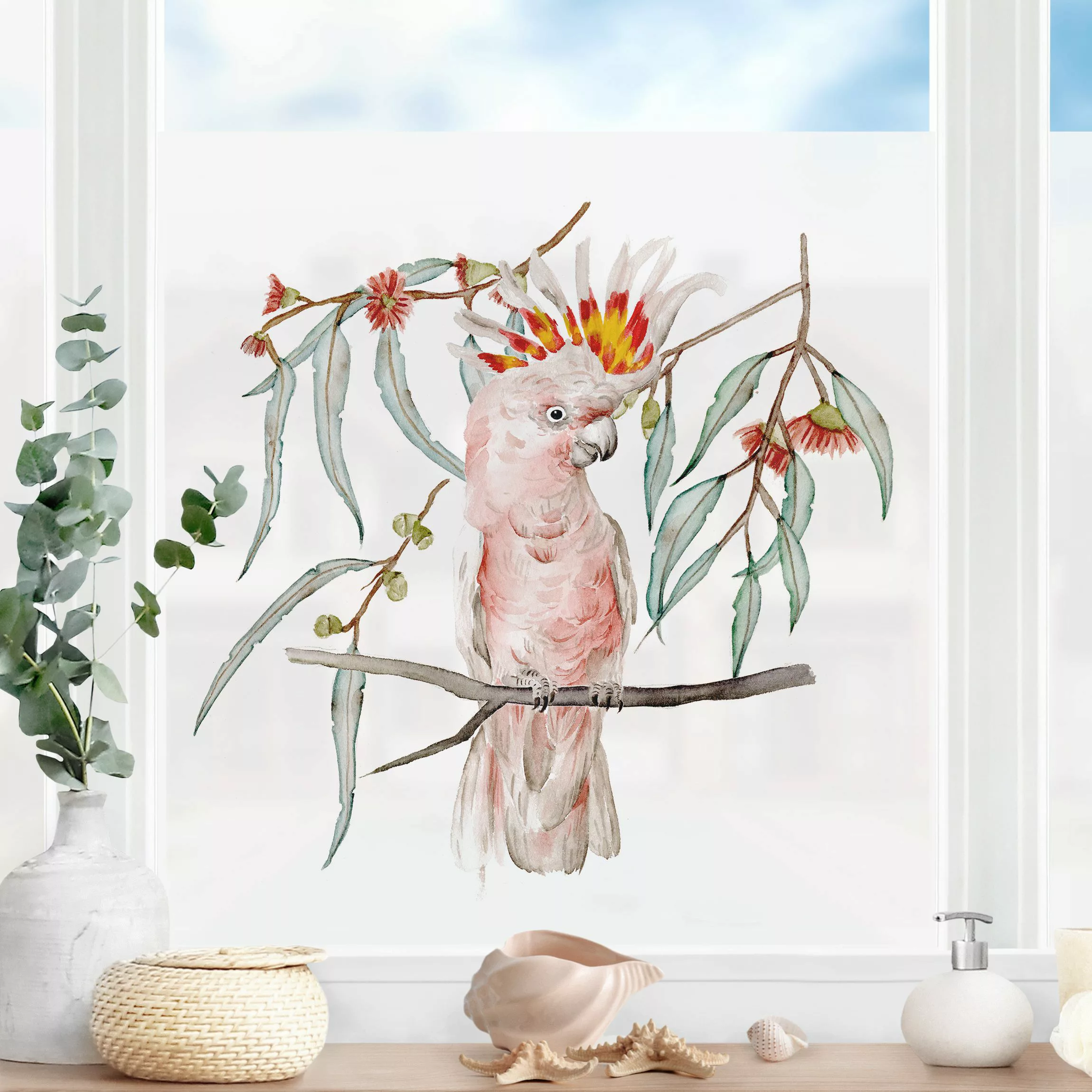 Fensterfolie Kakadu mit Rosa Federn günstig online kaufen