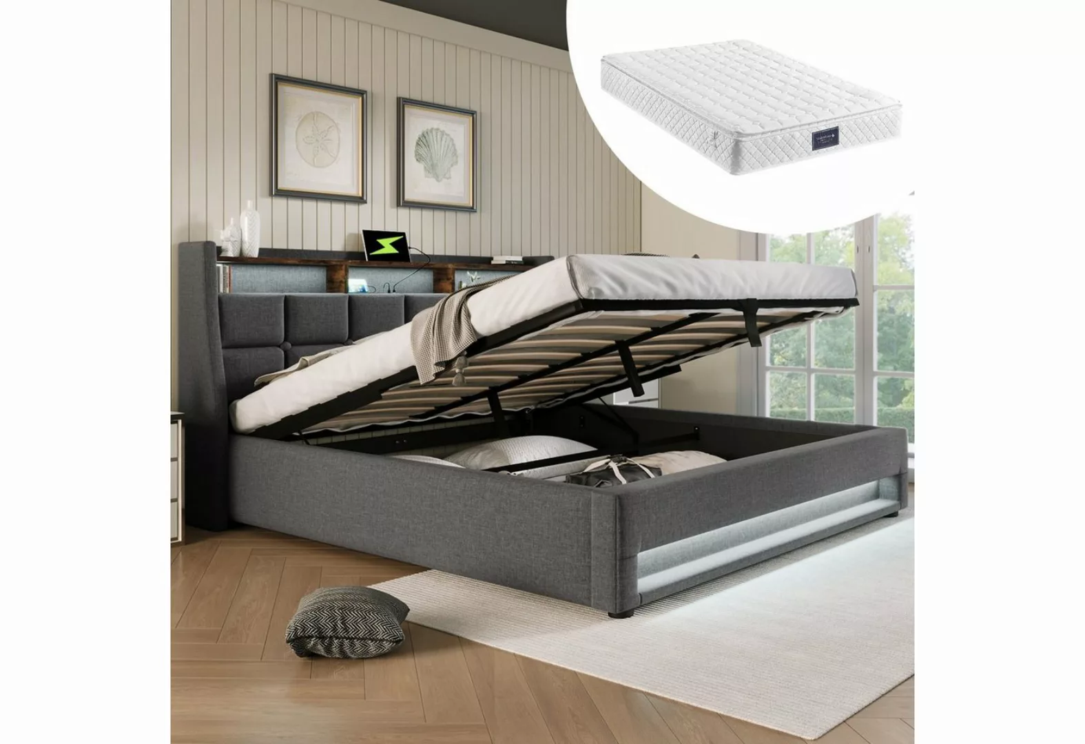 OKWISH Polsterbett Bett (LED Doppelbett Jugendbett mit USB/Typ-C Ladeanschl günstig online kaufen