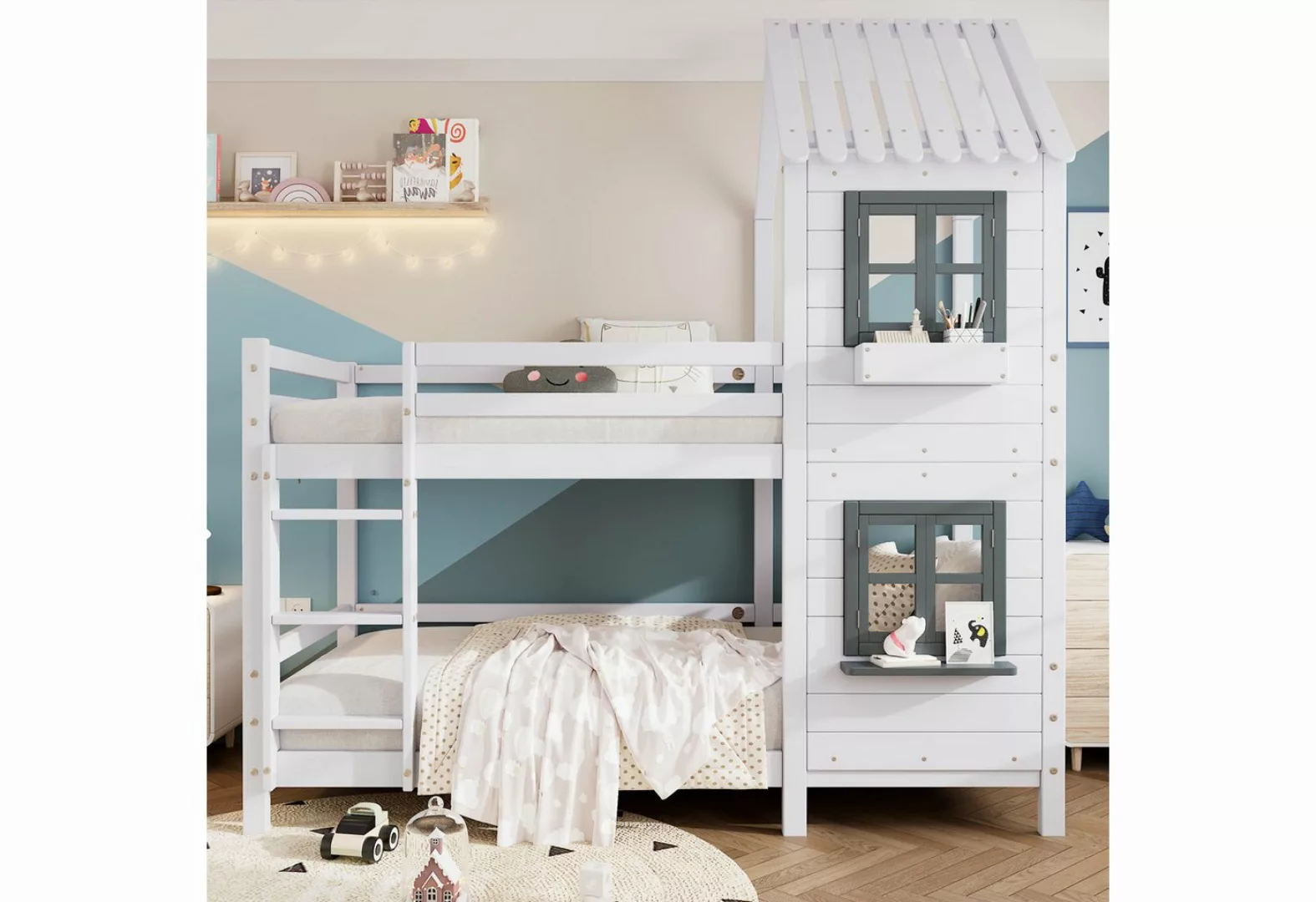 Flieks Etagenbett, Hausbett mit Fallschutz Leiter Kinderbett Kiefer 90x200c günstig online kaufen