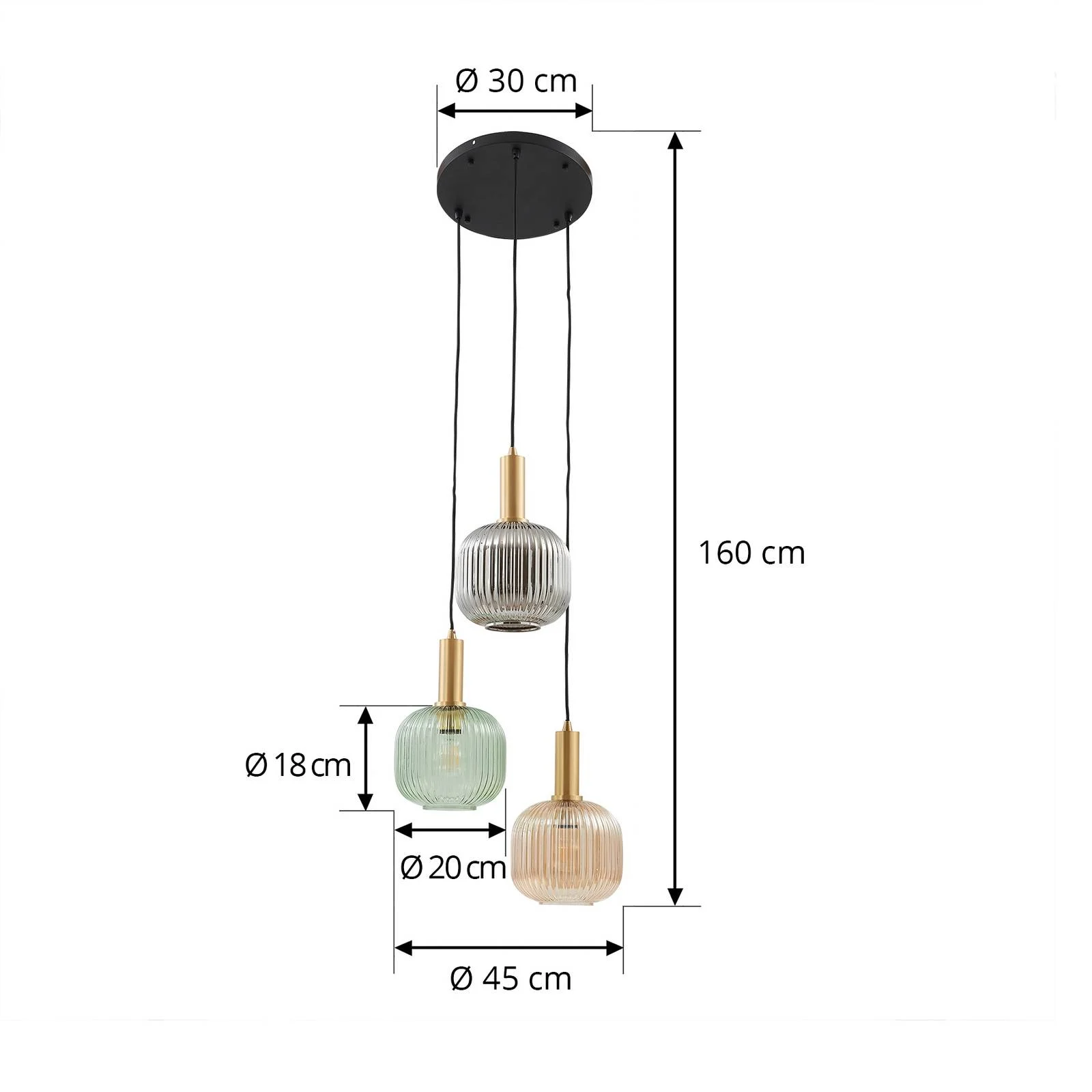 Lindby Hängeleuchte Doroteo, 3-flg., grün/amber/grau, Glas günstig online kaufen