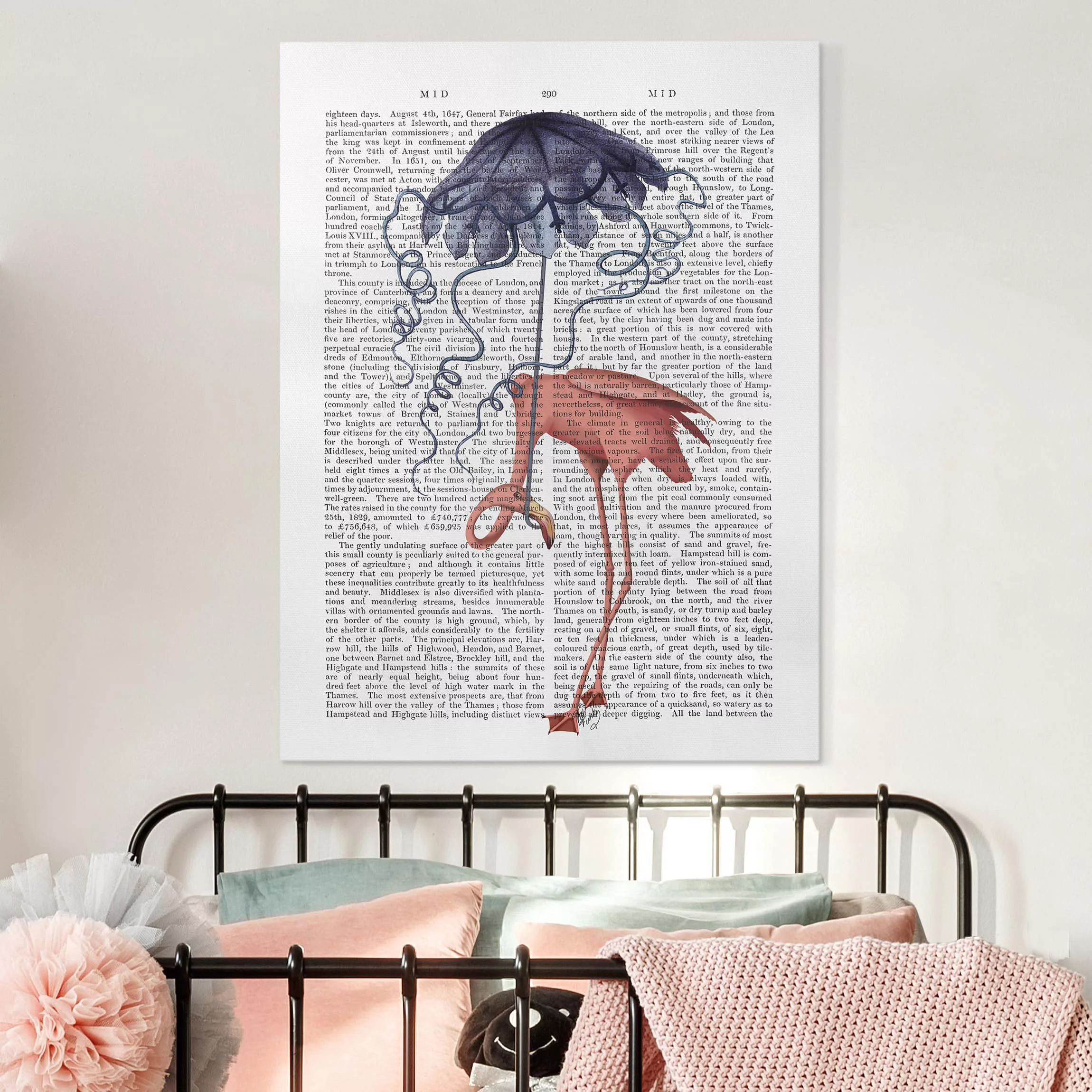 Leinwandbild - Hochformat Tierlektüre - Flamingo mit Regenschirm günstig online kaufen