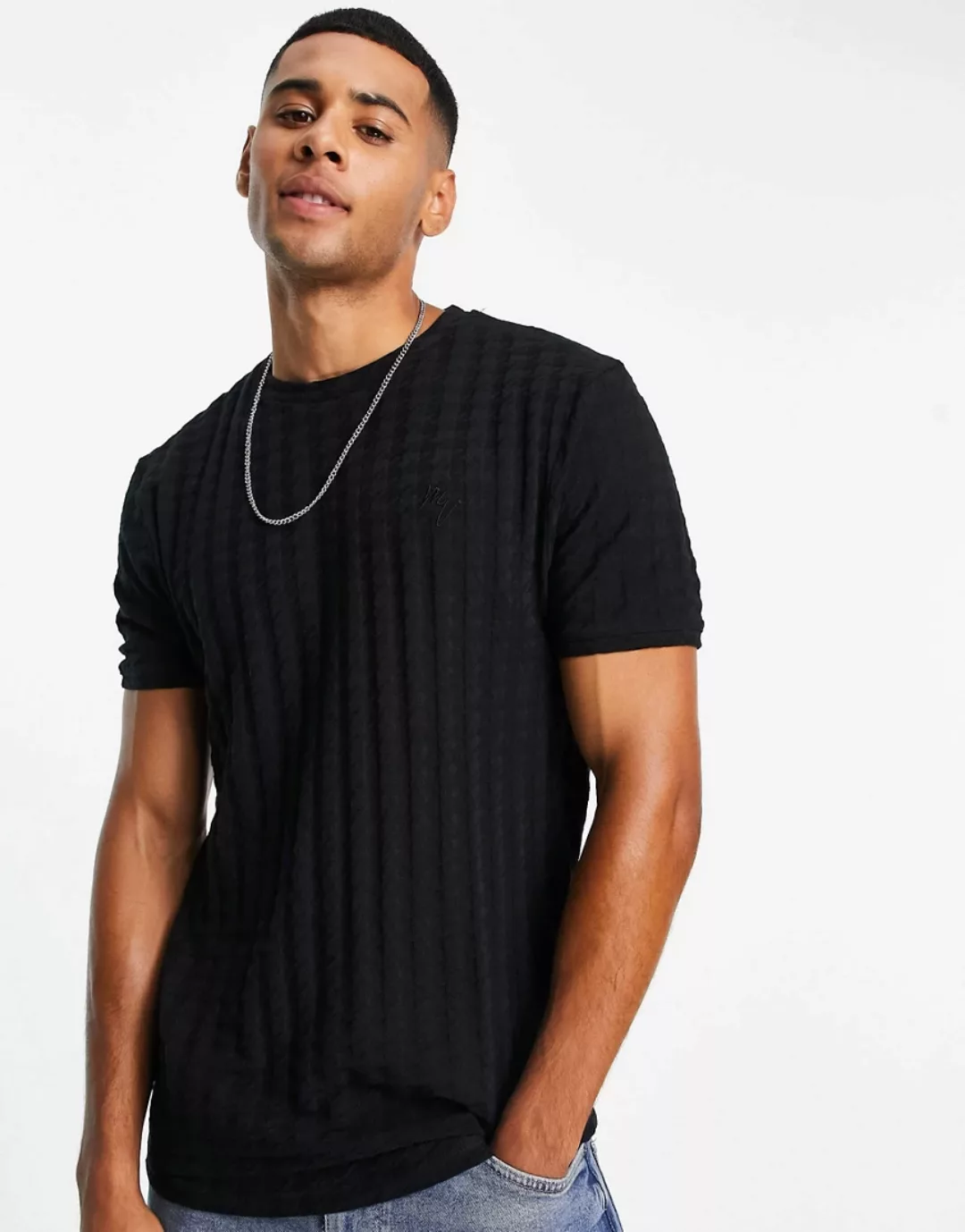 River Island – Maison – Schmales T-Shirt in Schwarz mit Hahnentrittmuster günstig online kaufen