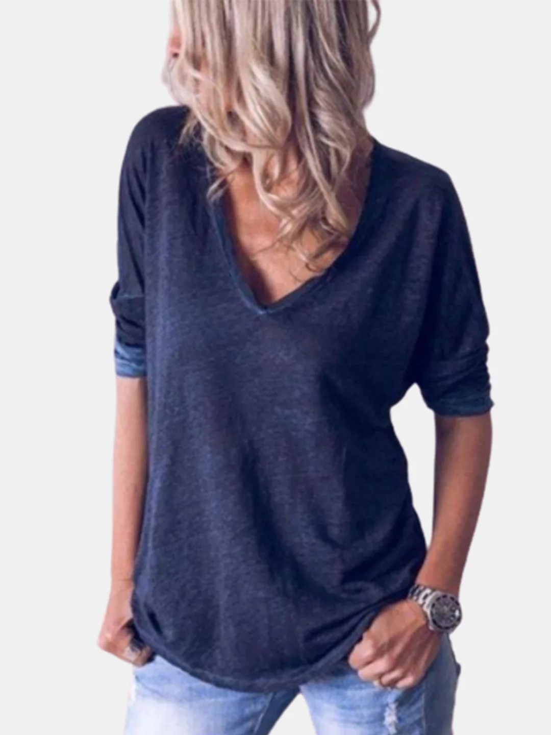 Einfarbiges Langarm-T-Shirt mit V-Ausschnitt für Damen günstig online kaufen