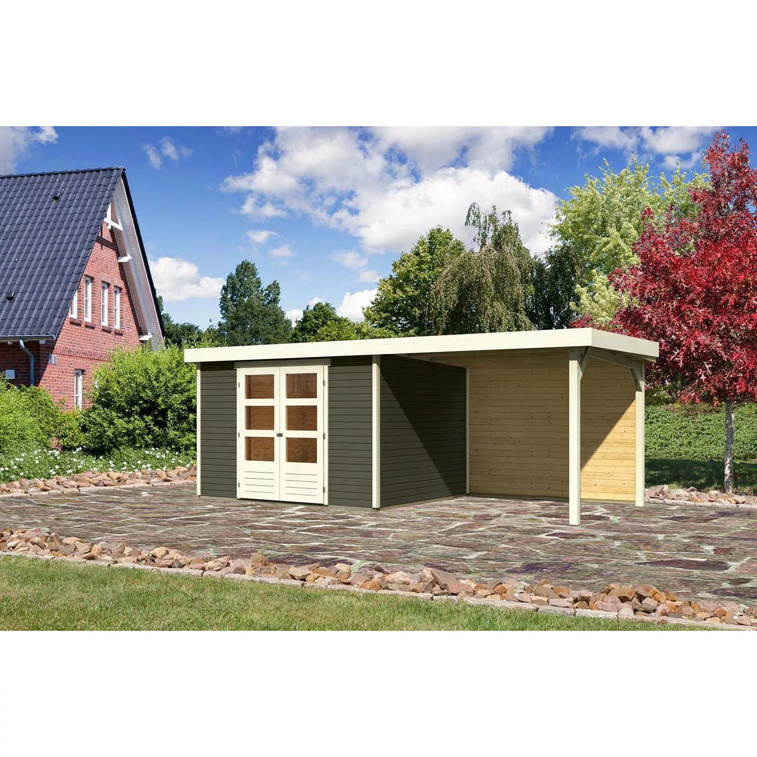 Karibu Holz-Gartenhaus/Gerätehaus Boras Terragrau Flachdach Lackiert 298 cm günstig online kaufen