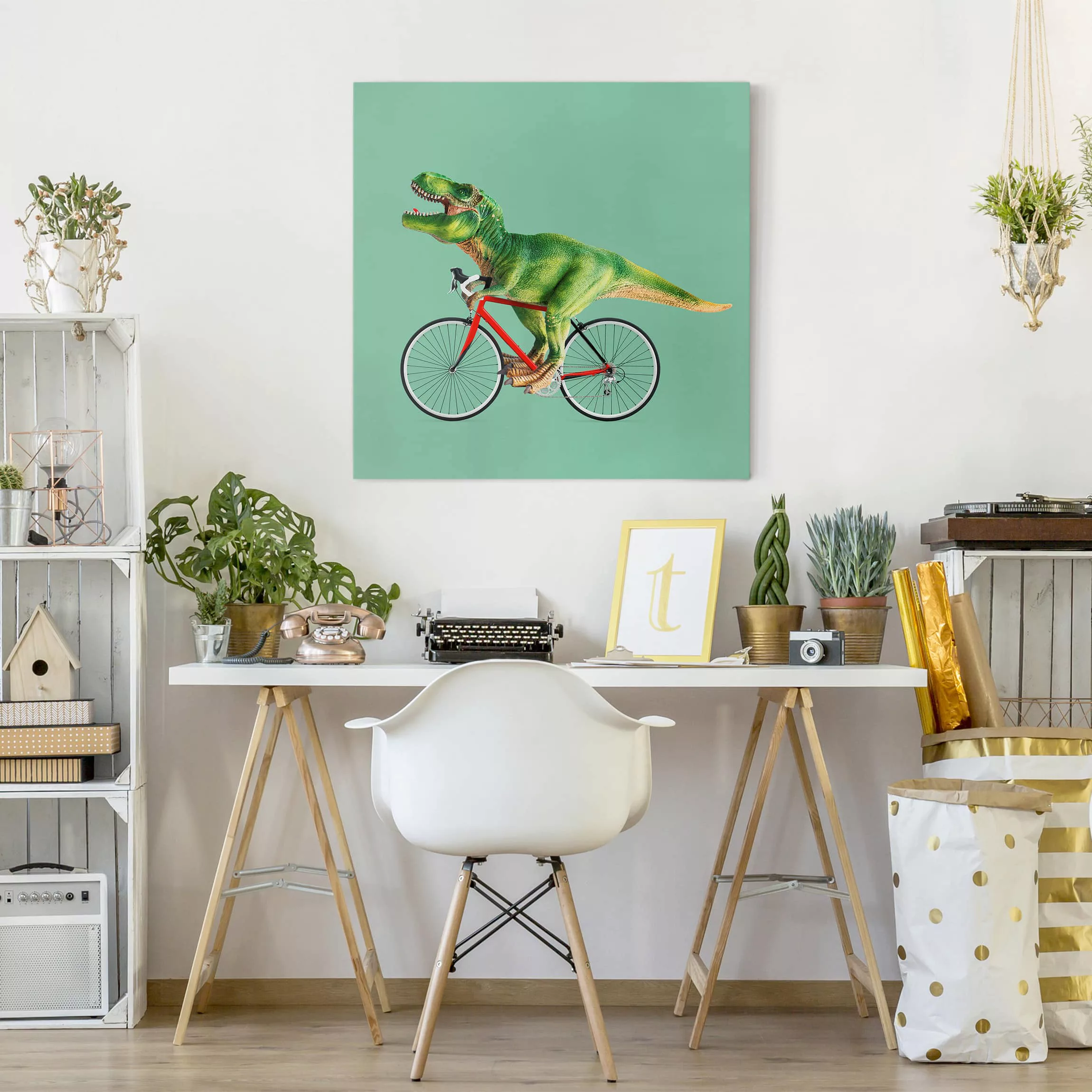 Leinwandbild Kinderzimmer - Quadrat Dinosaurier mit Fahrrad günstig online kaufen