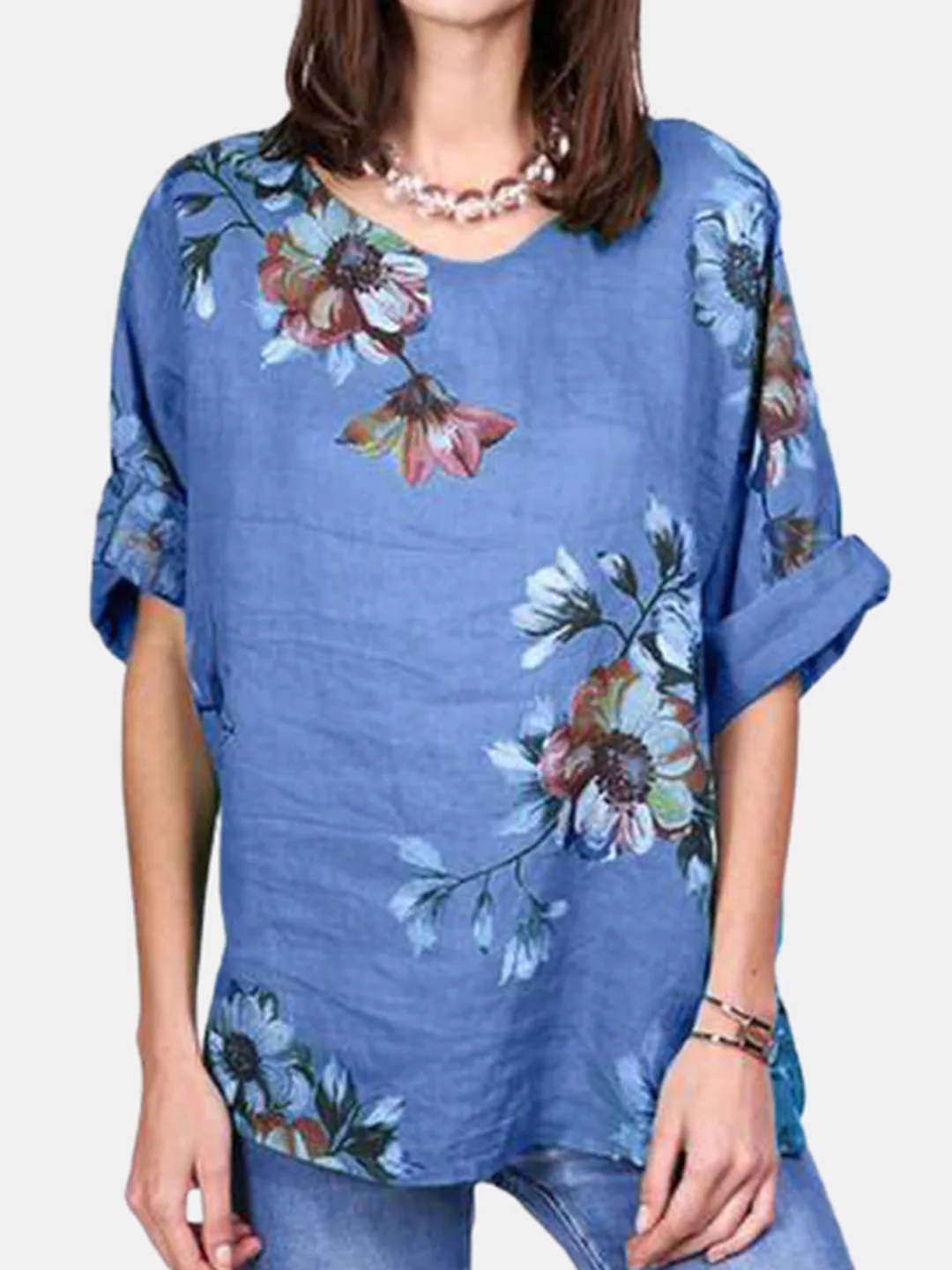 Langarmes T-Shirt mit O-Ausschnitt und Blumenmuster für Damen günstig online kaufen