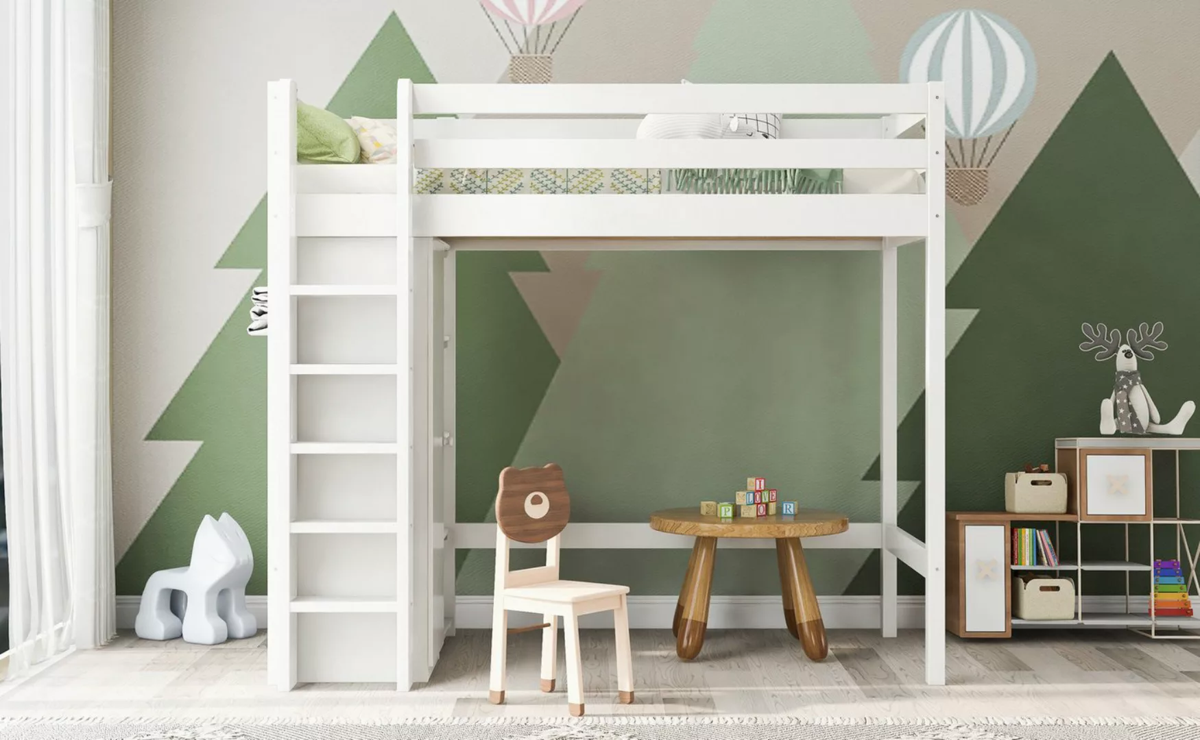 MODFU Kinderbett Hochbett mit Kleiderschrank und 6 Regalen (90x200 cm -208x günstig online kaufen
