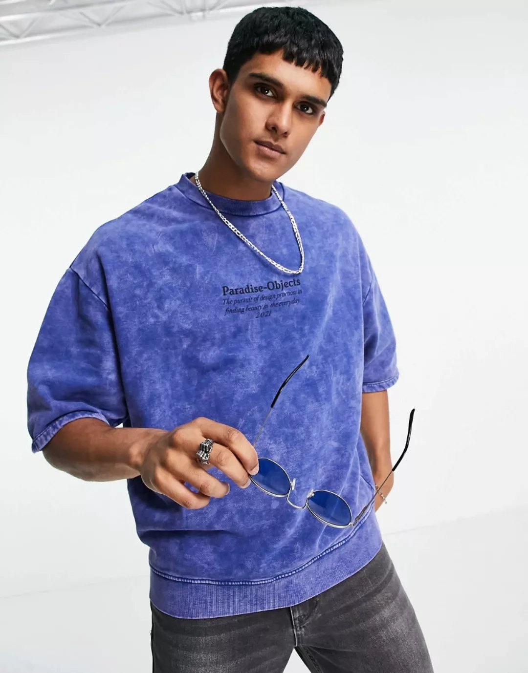 ASOS DESIGN – Kurzärmliges Oversize-Sweatshirt in blauer Acid-Waschung mit günstig online kaufen