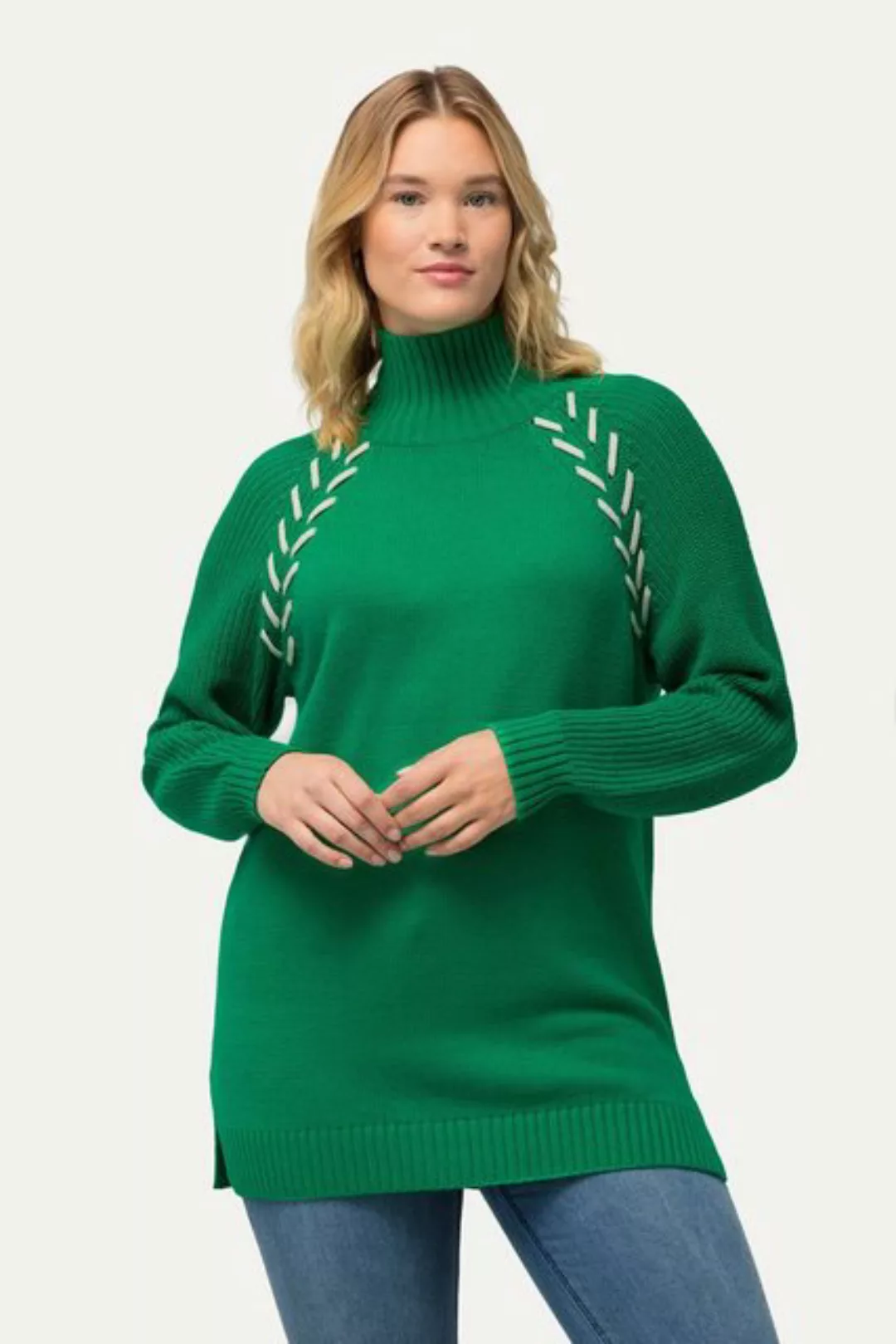 Ulla Popken Strickpullover Pullover Schmuckbänder Stehkragen Langarm günstig online kaufen