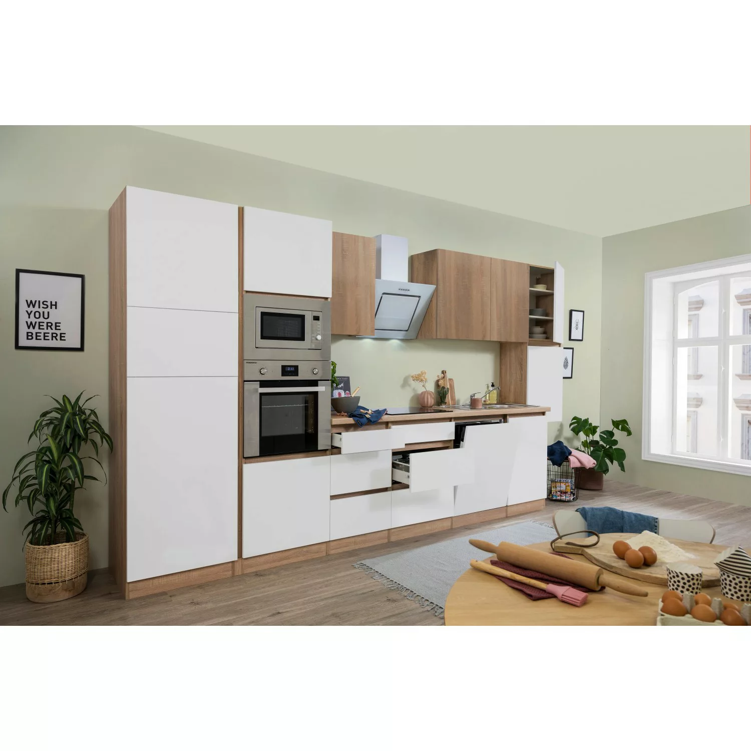 Respekta Premium Küchenzeile GLRP395HESWGKEOES Grifflos 395 cm Weiß Eiche N günstig online kaufen