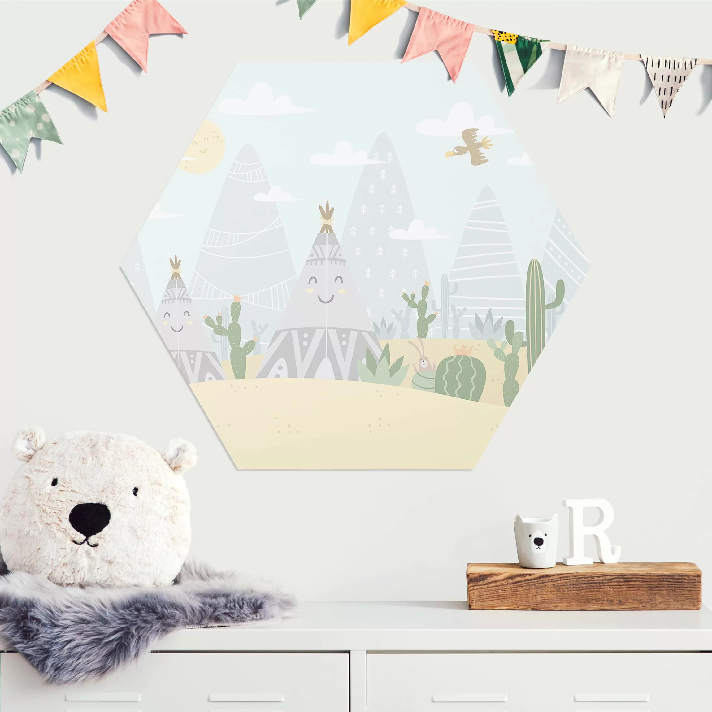 Hexagon-Alu-Dibond Bild Kinderzimmer Indianerzelt mit Kakteen günstig online kaufen