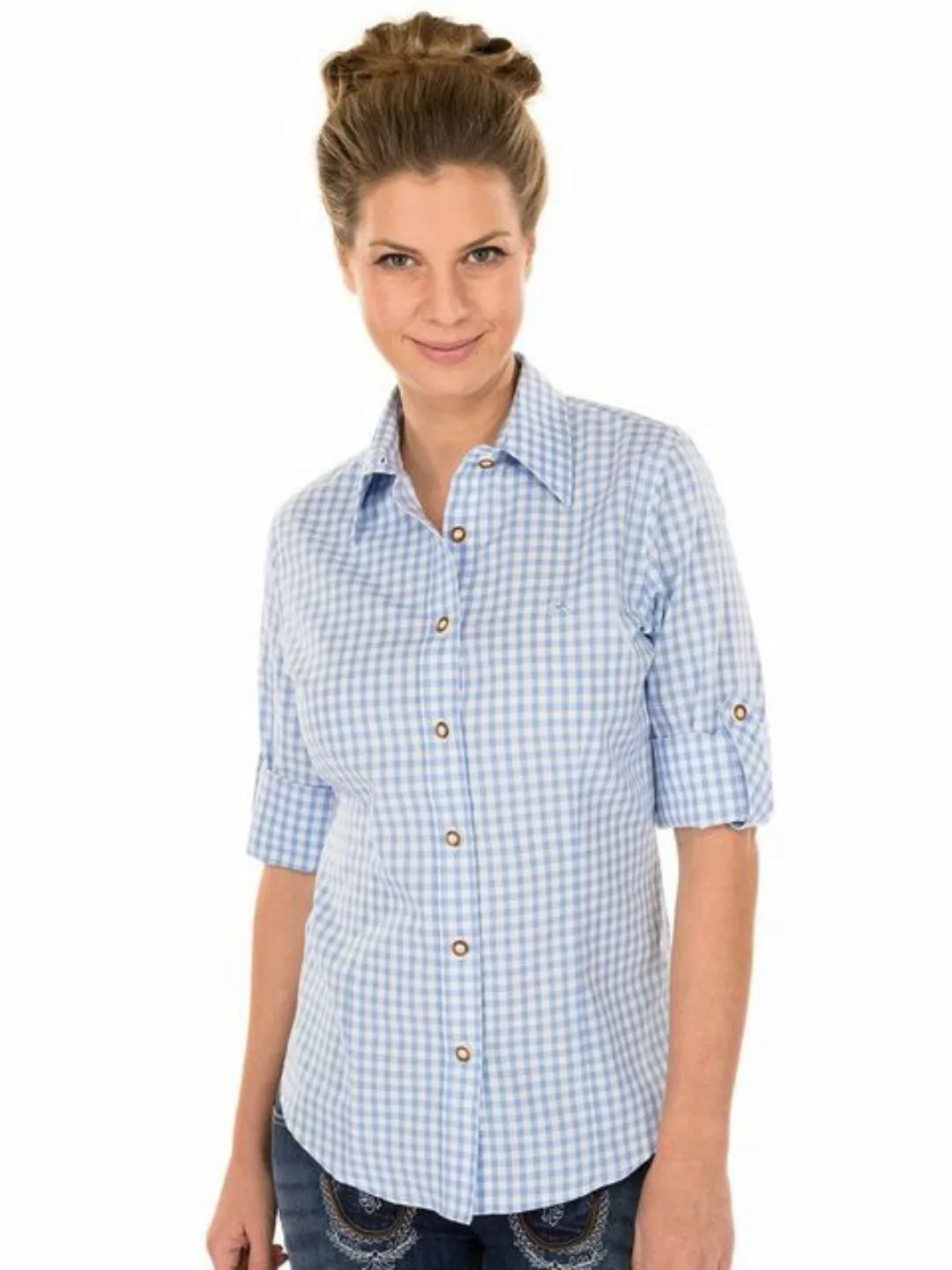 OS-Trachten Trachtenbluse Trachtenbluse CHECKERED Langarm Stick hellblau günstig online kaufen