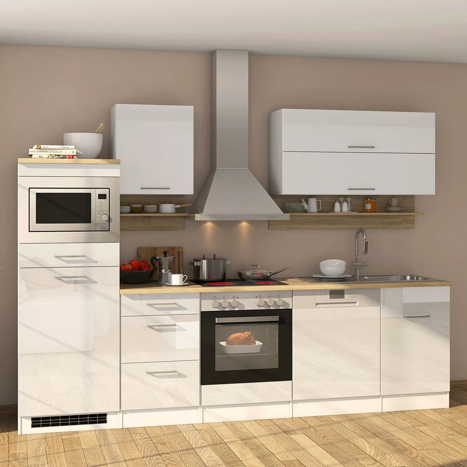 Held Möbel Küchenzeile Mailand 280 cm Grau Hochglanz-Grau Matt mit E-Geräte günstig online kaufen