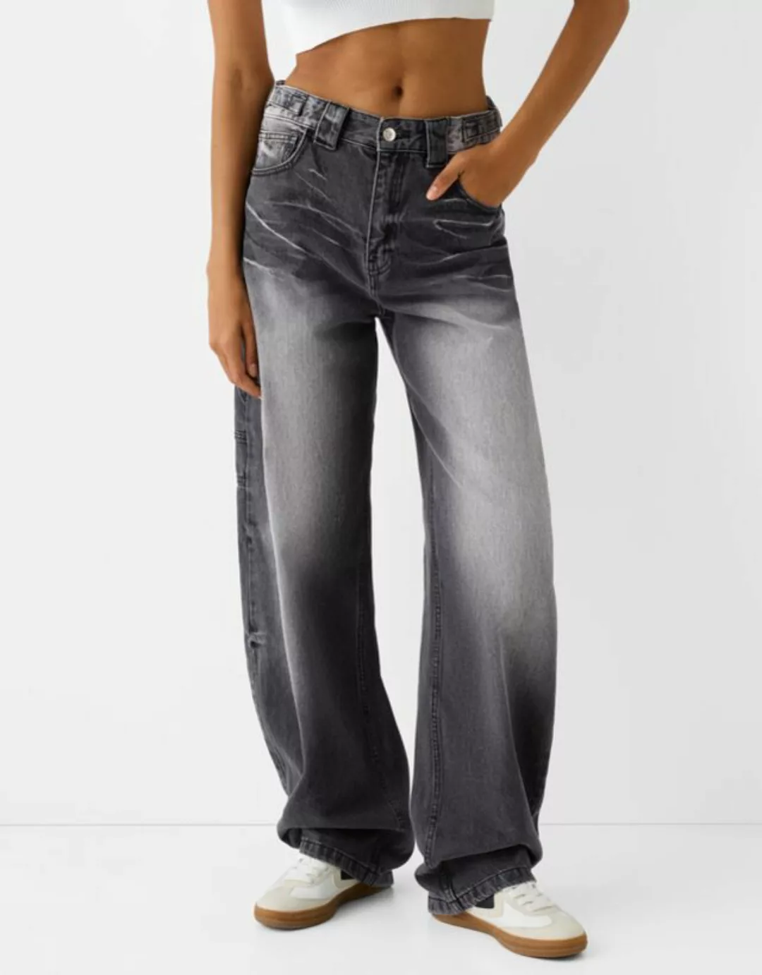 Bershka Wide-Leg Workwear-Jeans Mit Balloon Fit Damen 38 Schwarz günstig online kaufen