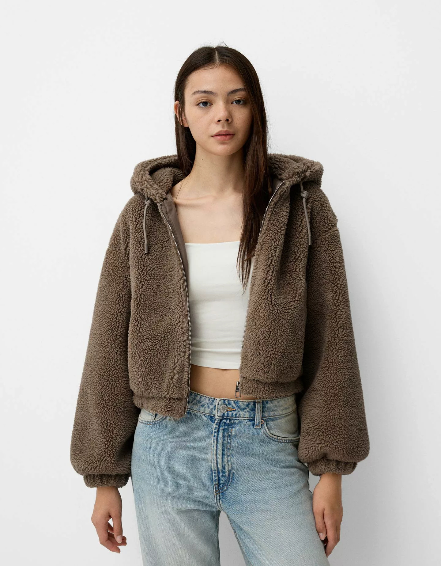 Bershka Jacke Aus Lammfellimitat Mit Kapuze Damen Xl Nerzfarbe günstig online kaufen