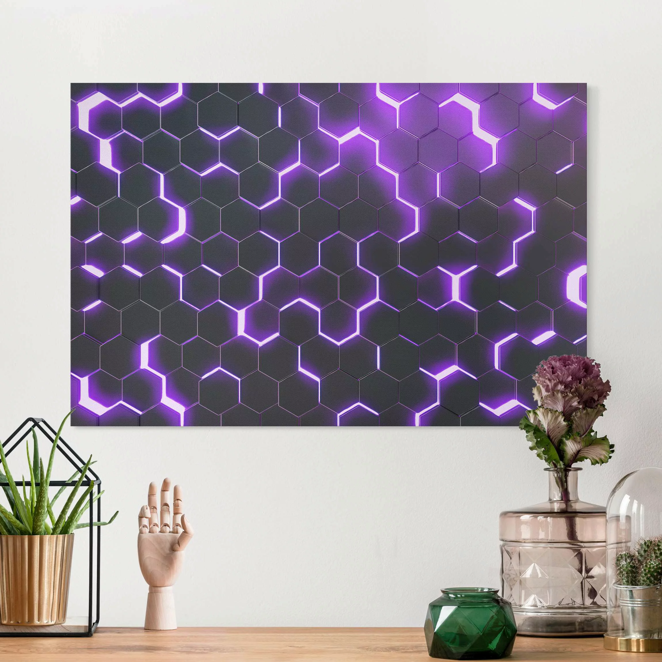 Leinwandbild Strukturierte Hexagone mit Neonlicht in Lila günstig online kaufen