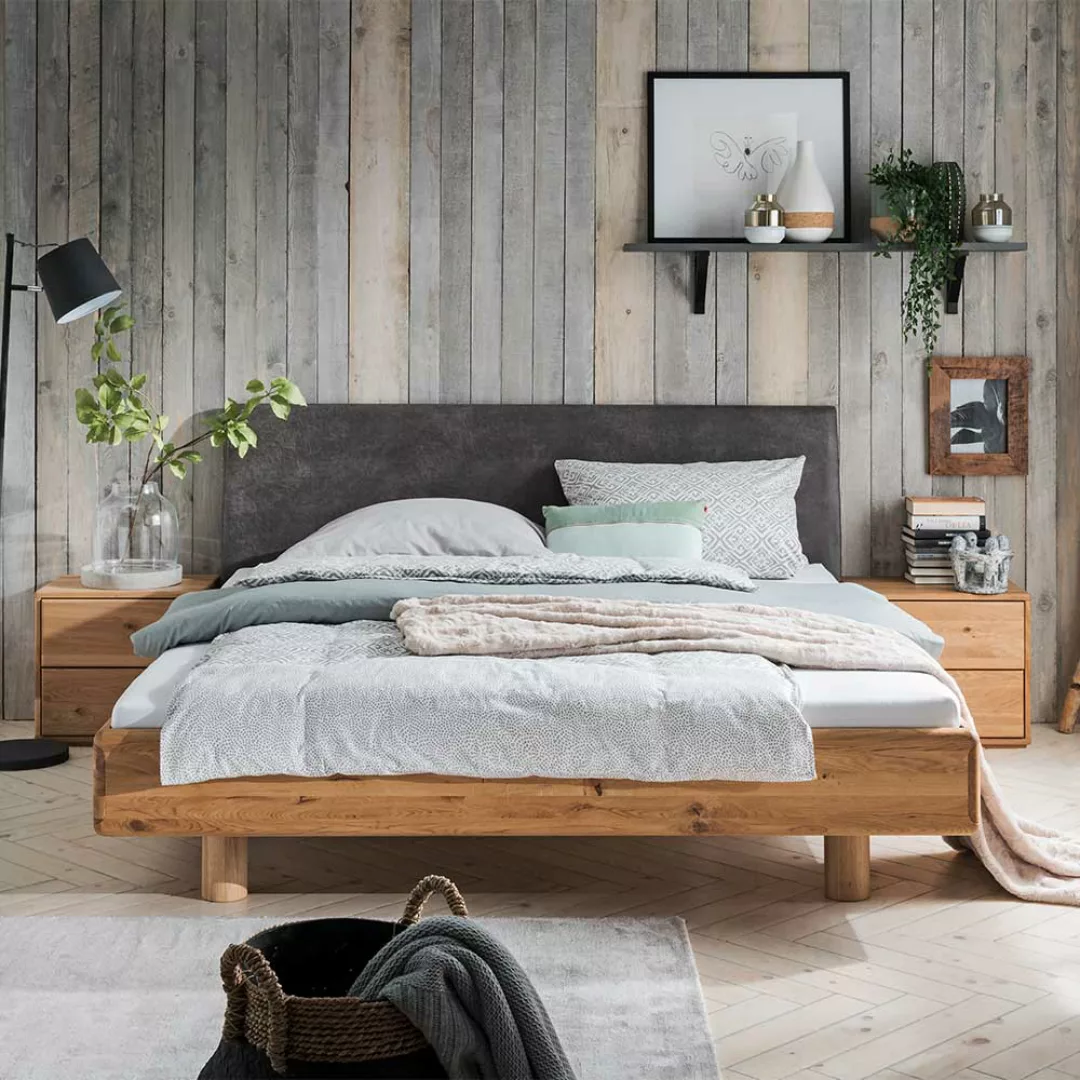 Doppelbett mit Polsterkopfteil aus Wildeiche Massivholz 90 cm hoch (dreitei günstig online kaufen