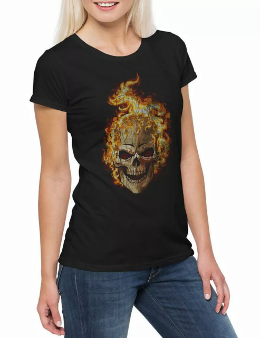 Urban Backwoods Print-Shirt Burning Skull II Damen T-Shirt Brennender Schäd günstig online kaufen