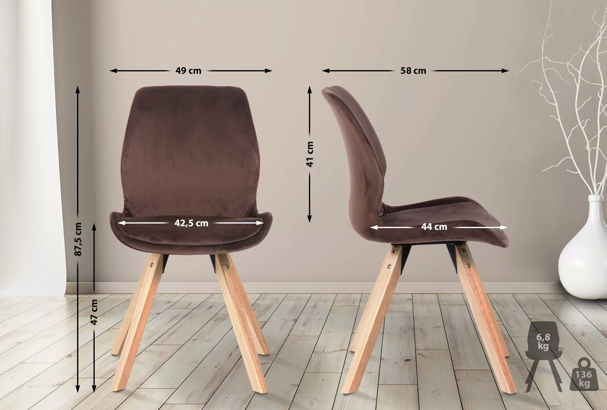 4er Set Stuhl Luna Samt Braun günstig online kaufen