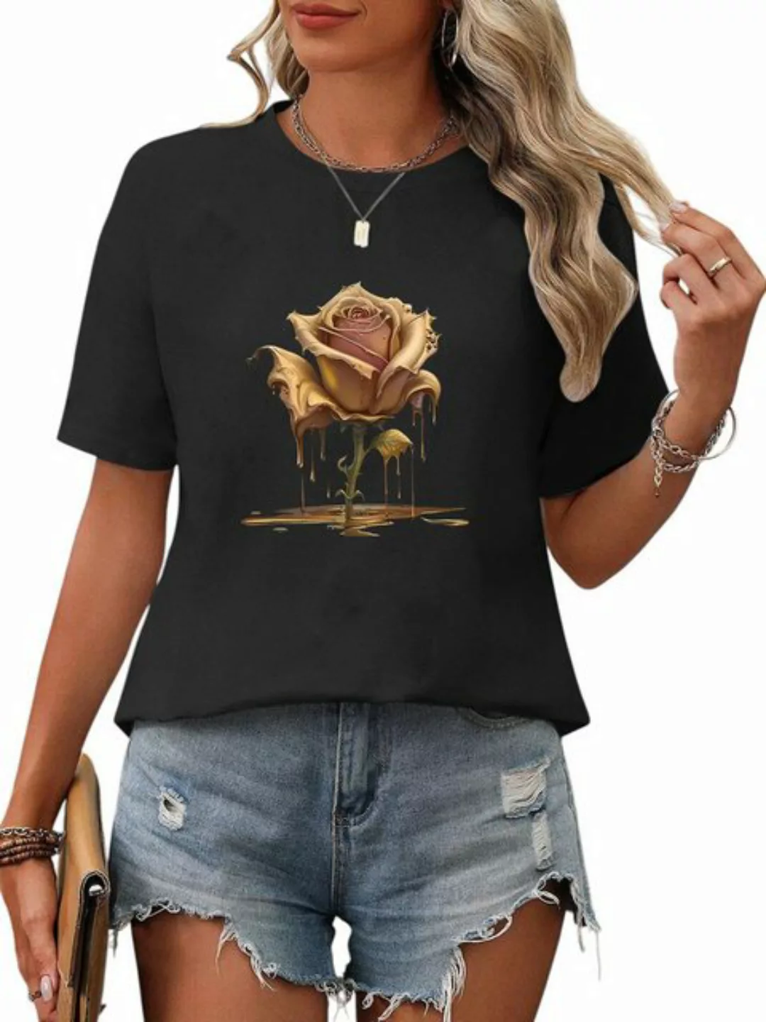 PYL T-Shirt Damen Casual Rose Grafik Tees günstig online kaufen