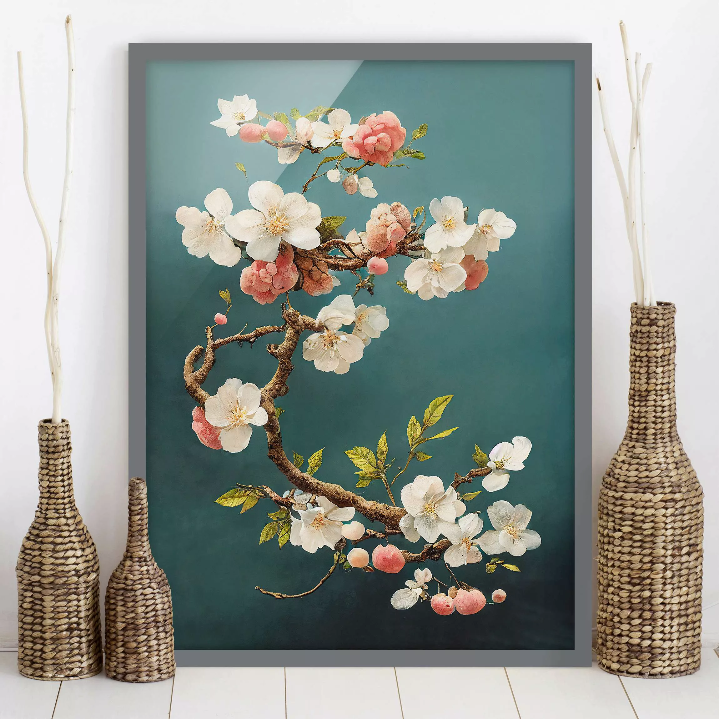 Bild mit Rahmen Zweig mit Blüten auf Türkis günstig online kaufen